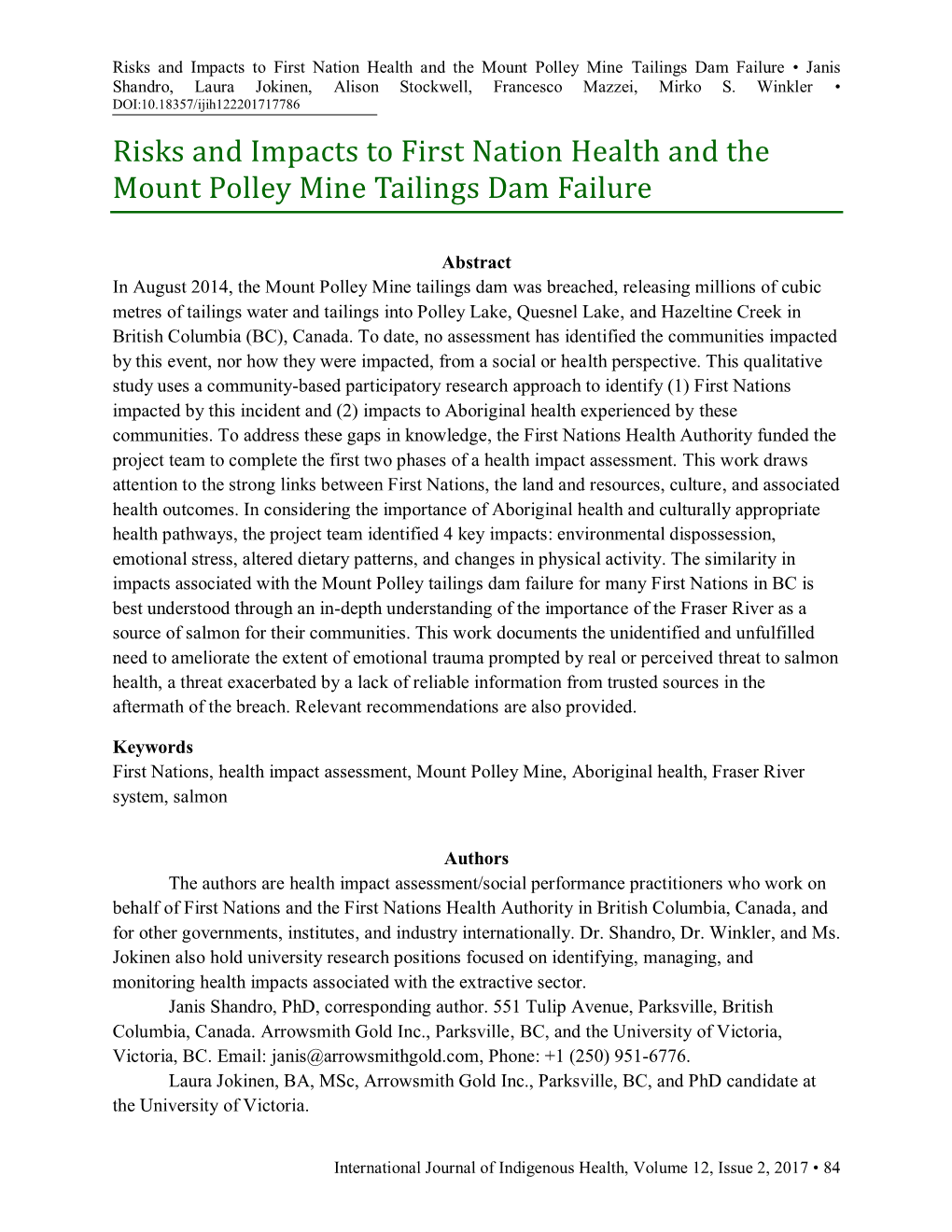 Risks and Impacts to First Nation Health and the Mount Polley Mine Tailings Dam Failure • Janis Shandro, Laura Jokinen, Alison Stockwell, Francesco Mazzei, Mirko S