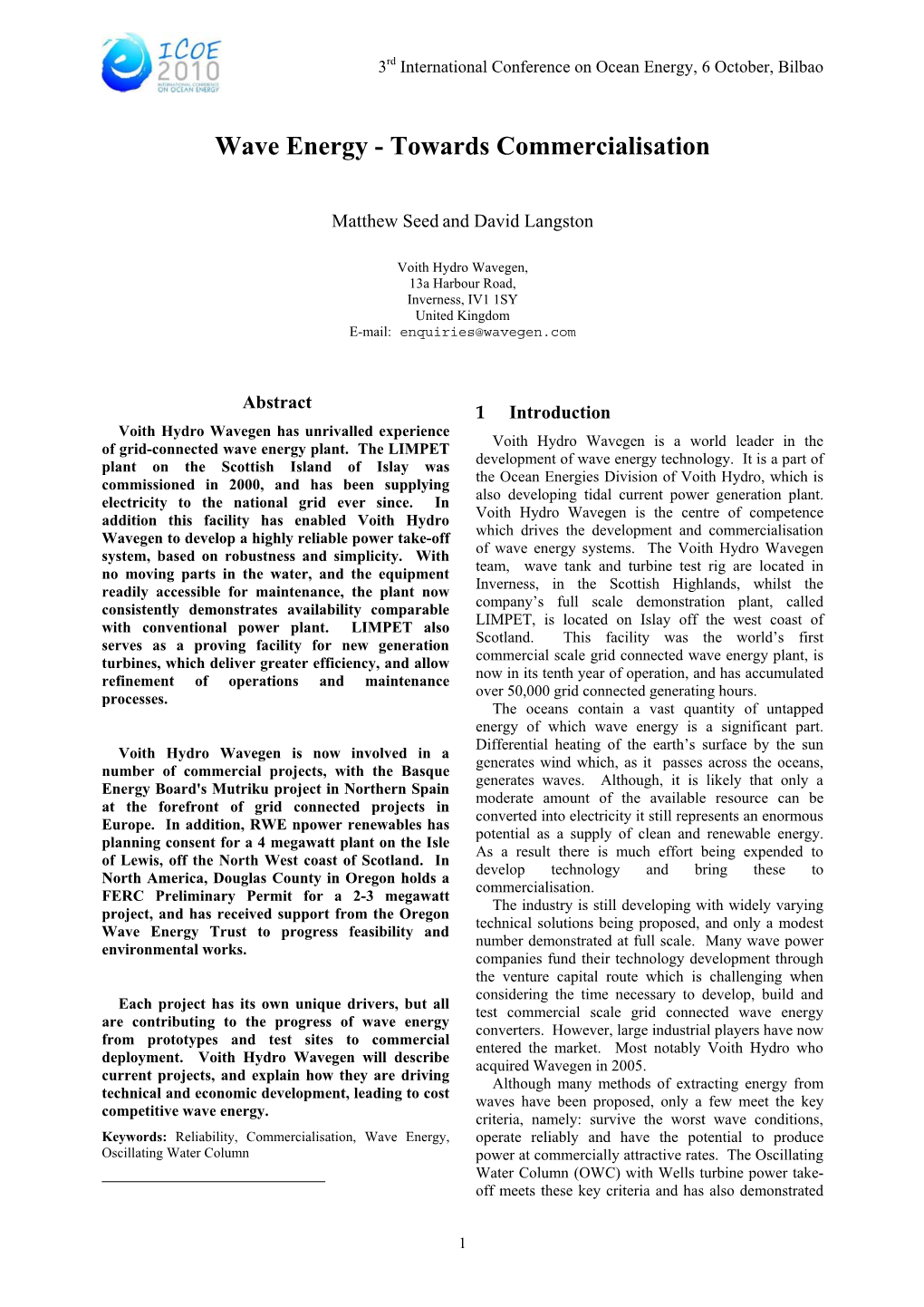 Wave Energy - Towards Commercialisation