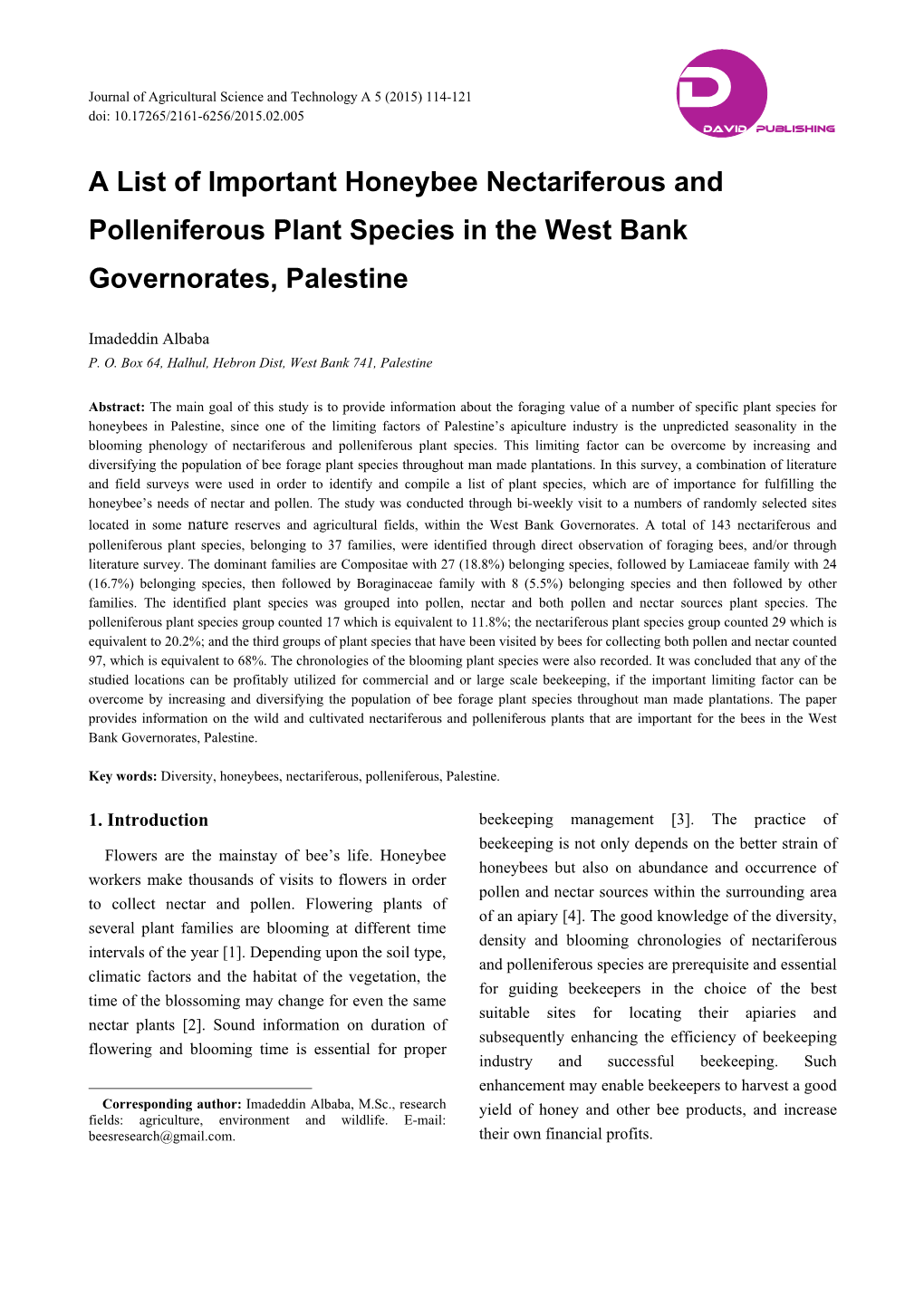 A List of Important Honeybee Nectariferous and Polleniferous Plant Species in the West Bank Governorates, Palestine