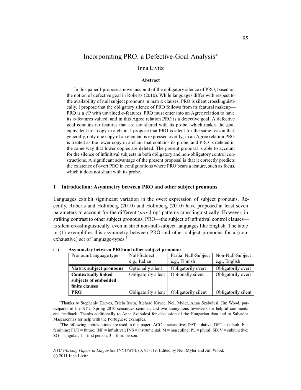 Incorporating PRO: a Defective-Goal Analysis∗ Inna Livitz