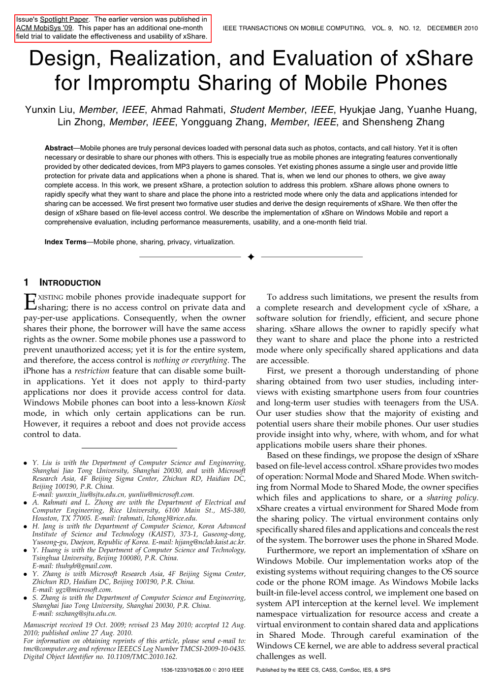 Design, Realization, and Evaluation of Xshare for Impromptu Sharing of Mobile Phones