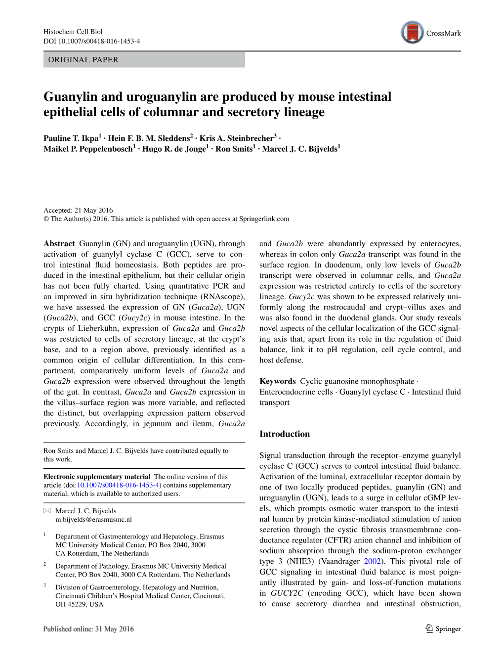 Guanylin and Uroguanylin Are Produced by Mouse Intestinal Epithelial Cells of Columnar and Secretory Lineage