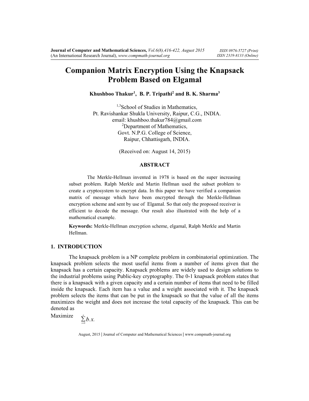 Companion Matrix Encryption Using the Knapsack Problem Based on Elgamal