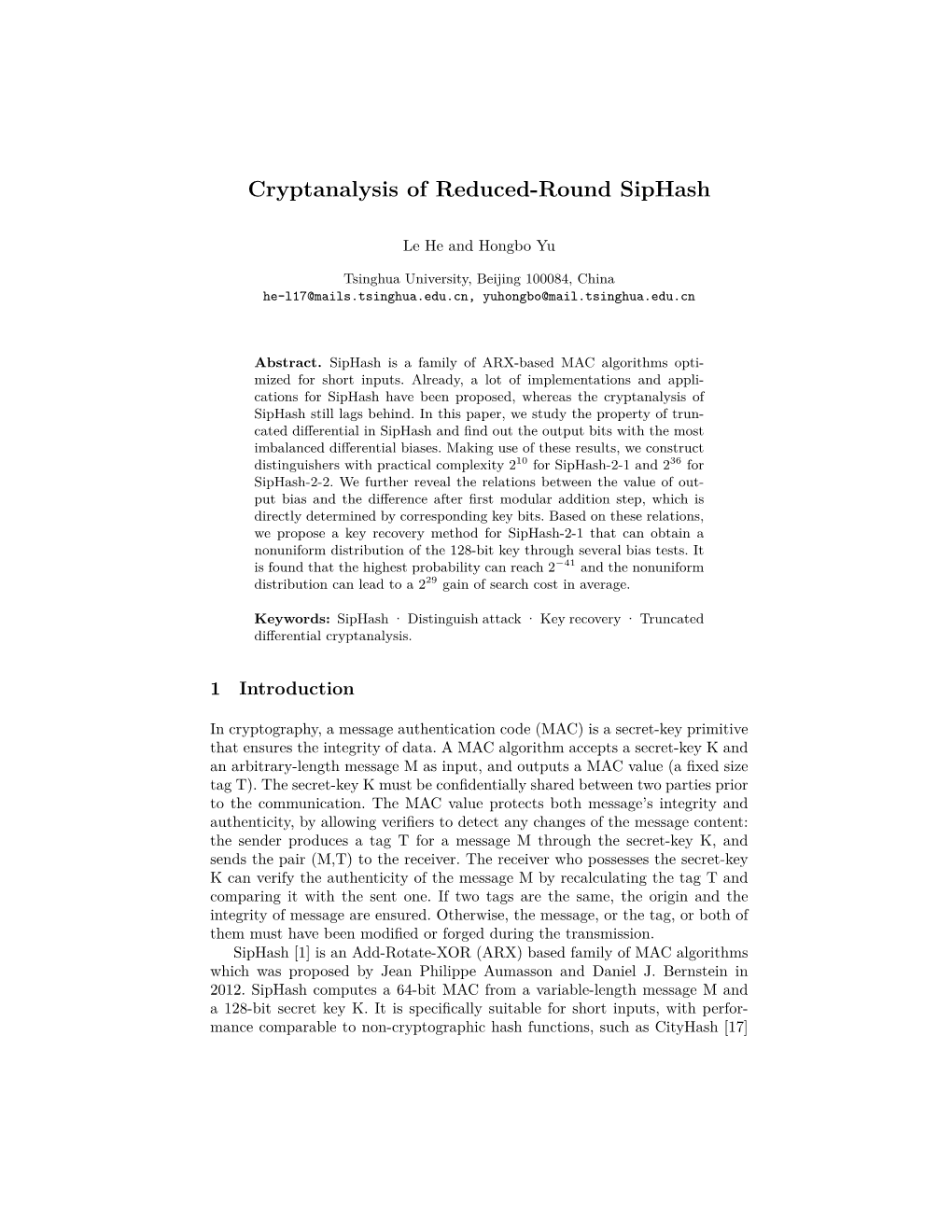 Cryptanalysis of Reduced-Round Siphash