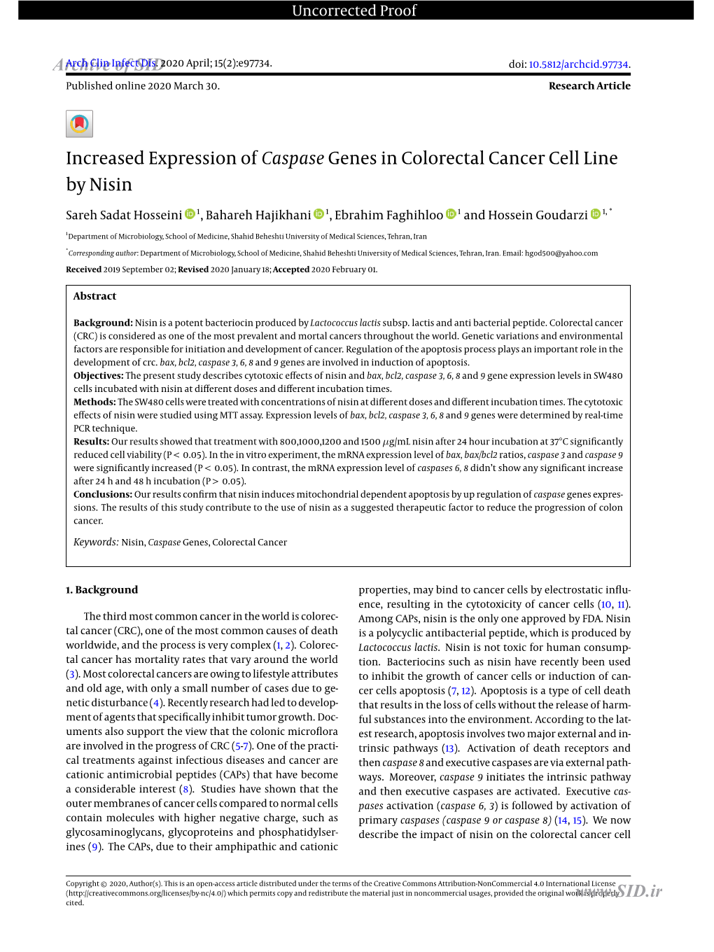 Increased Expression of Caspase Genes in Colorectal Cancer Cell Line by Nisin