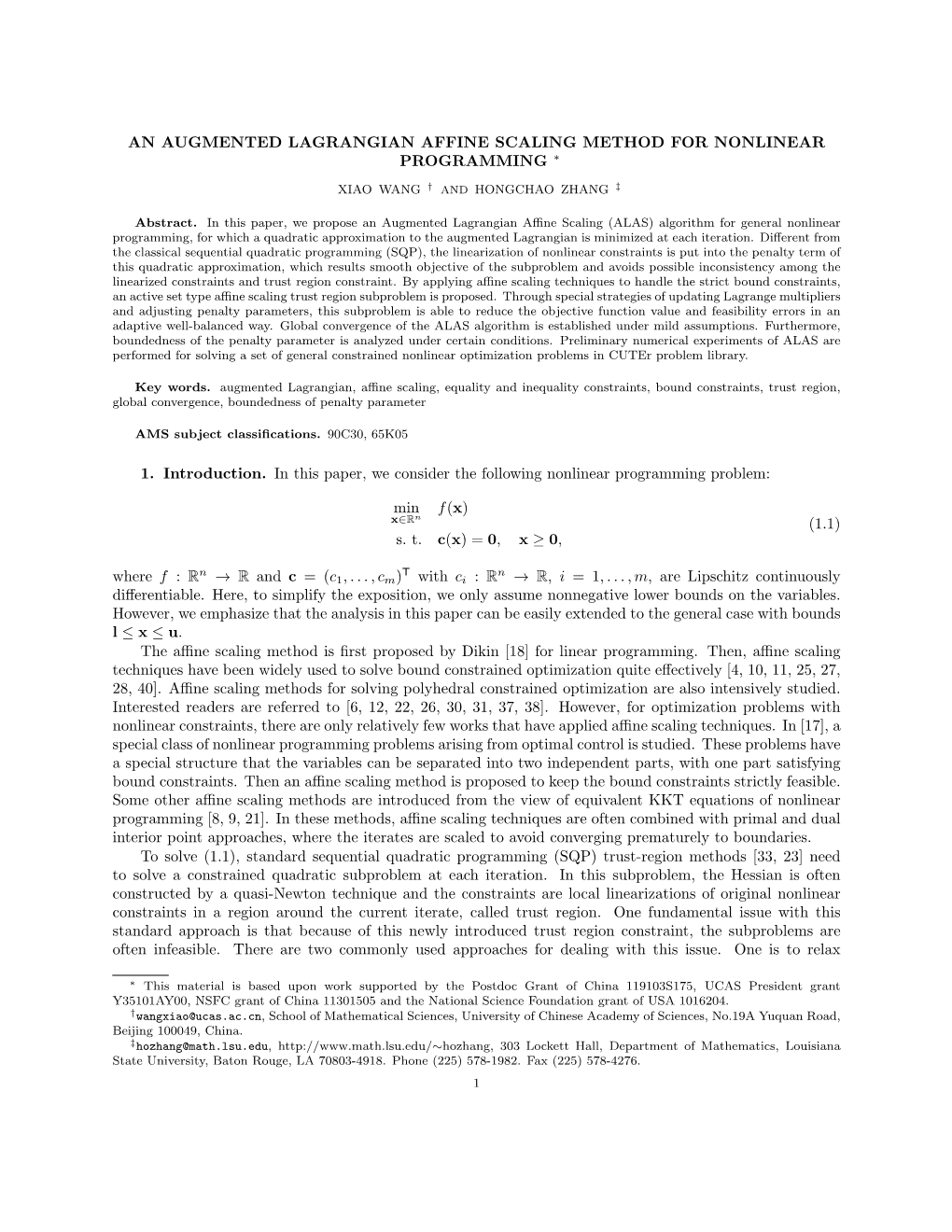 An Augmented Lagrangian Affine Scaling Method for Nonlinear Programming ∗