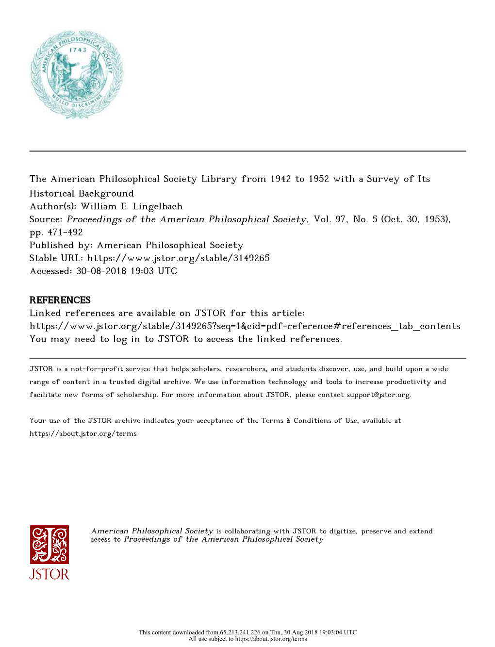 The American Philosophical Society Library from 1942 to 1952 with a Survey of Its Historical Background Author(S): William E