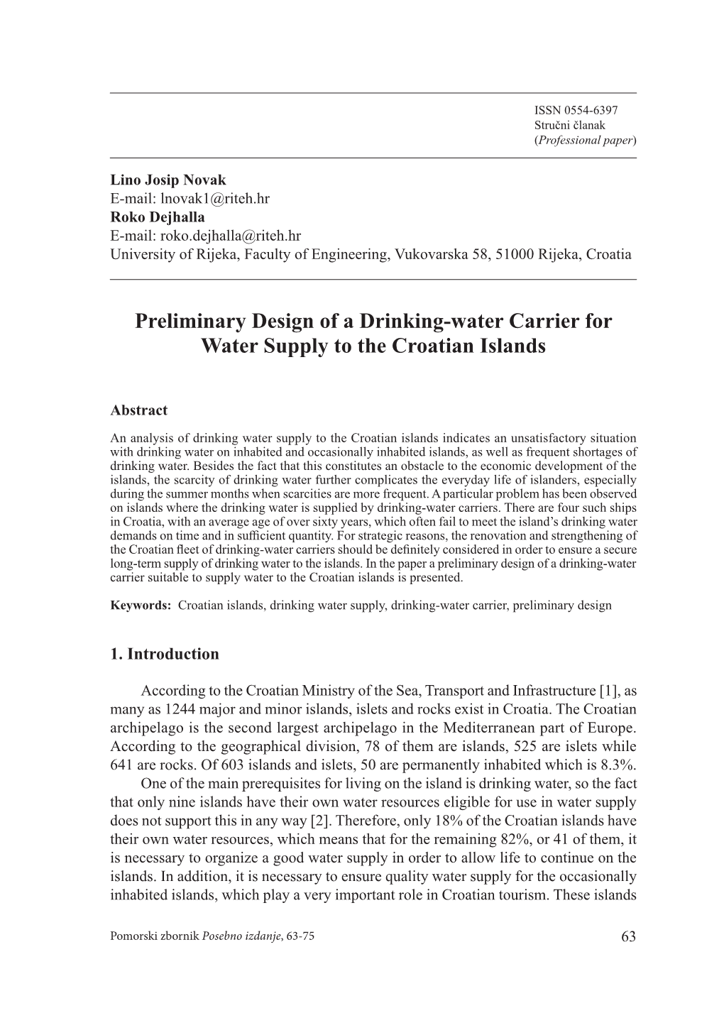 Preliminary Design of a Drinking-Water Carrier for Water Supply to the Croatian Islands