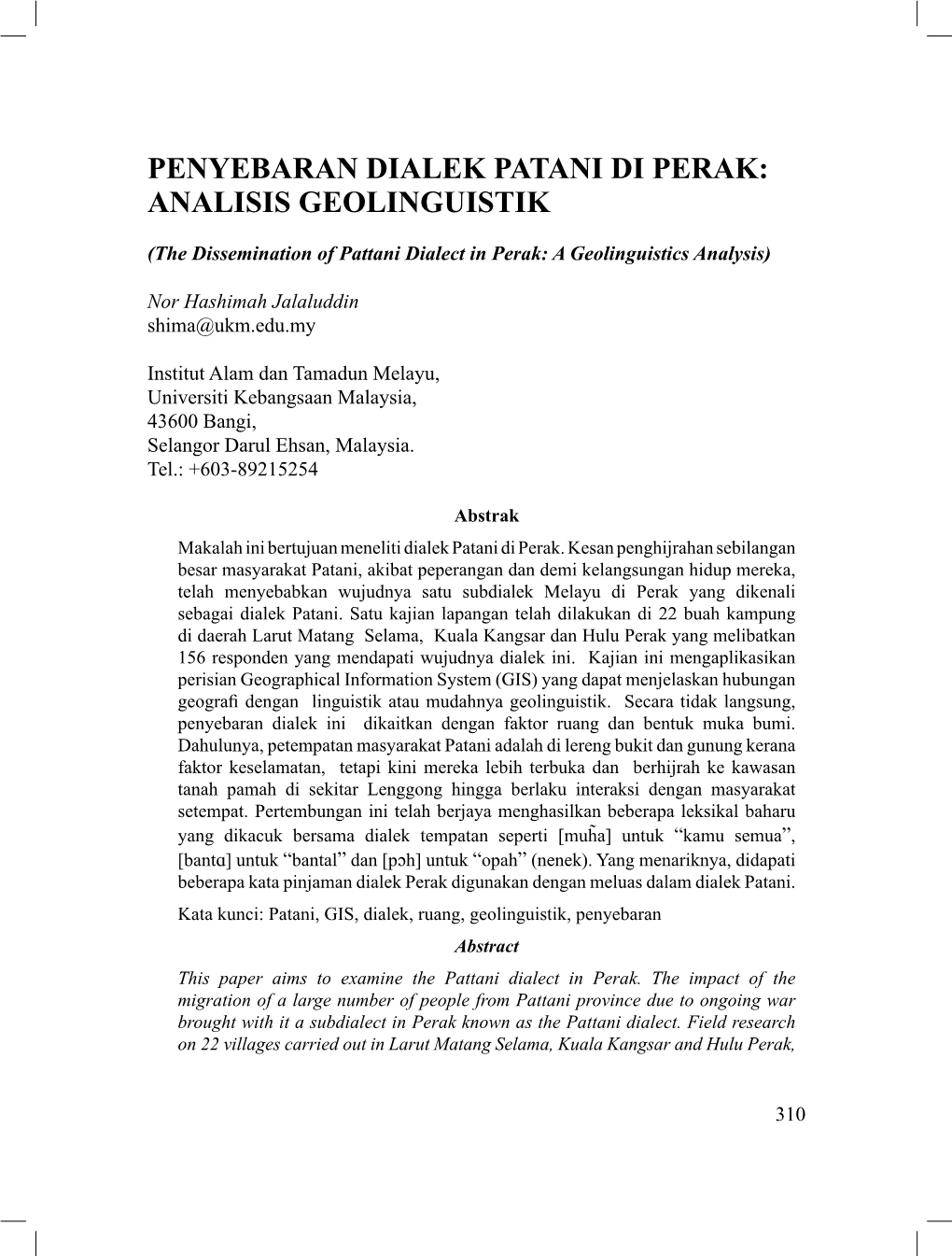 PENYEBARAN DIALEK PATANI DI PERAK: ANALISIS Geolinguistik