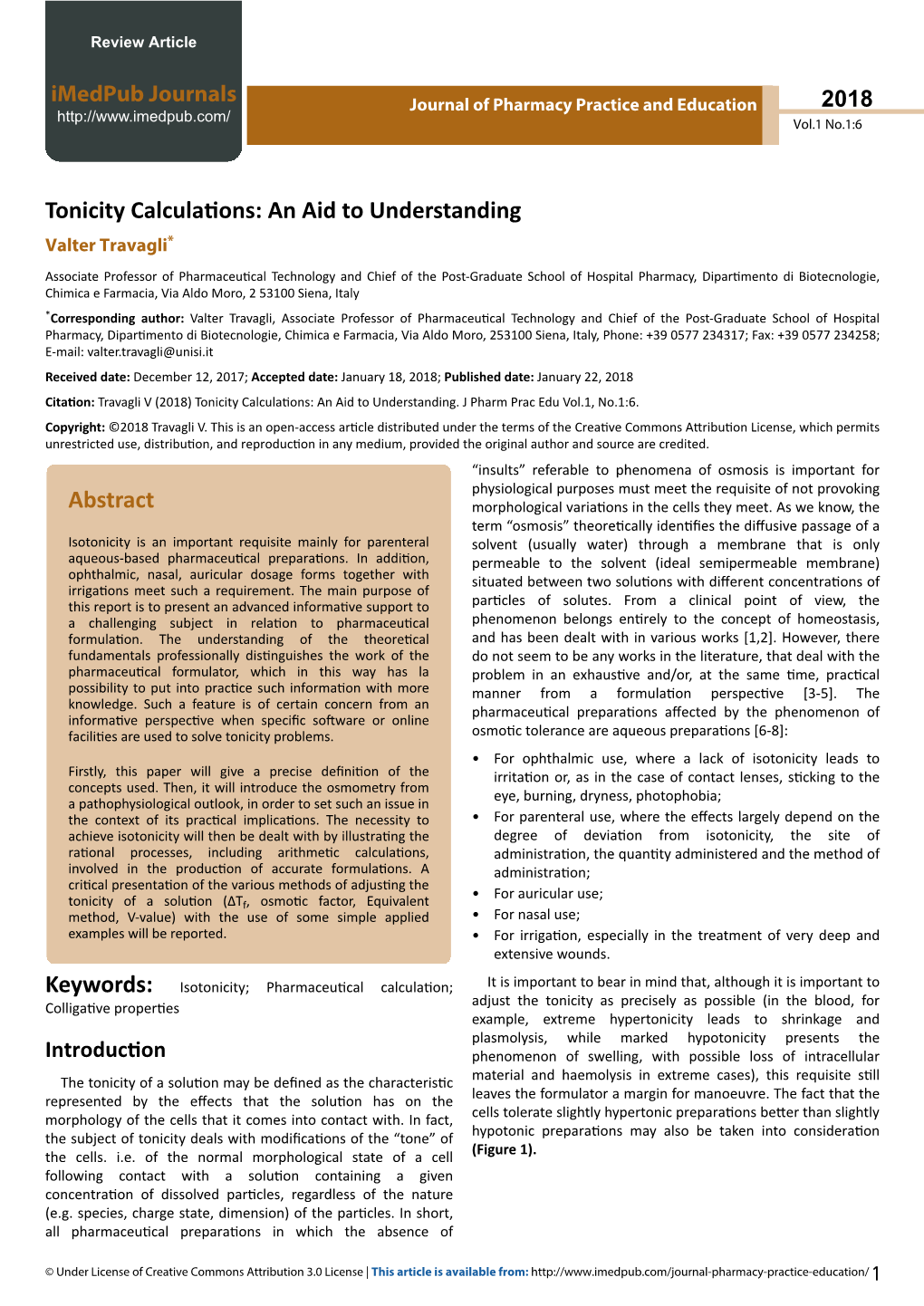 Tonicity Calculations: an Aid to Understanding Valter Travagli*