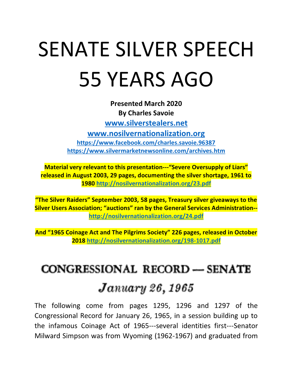 Senate Silver Speech 55 Years Ago