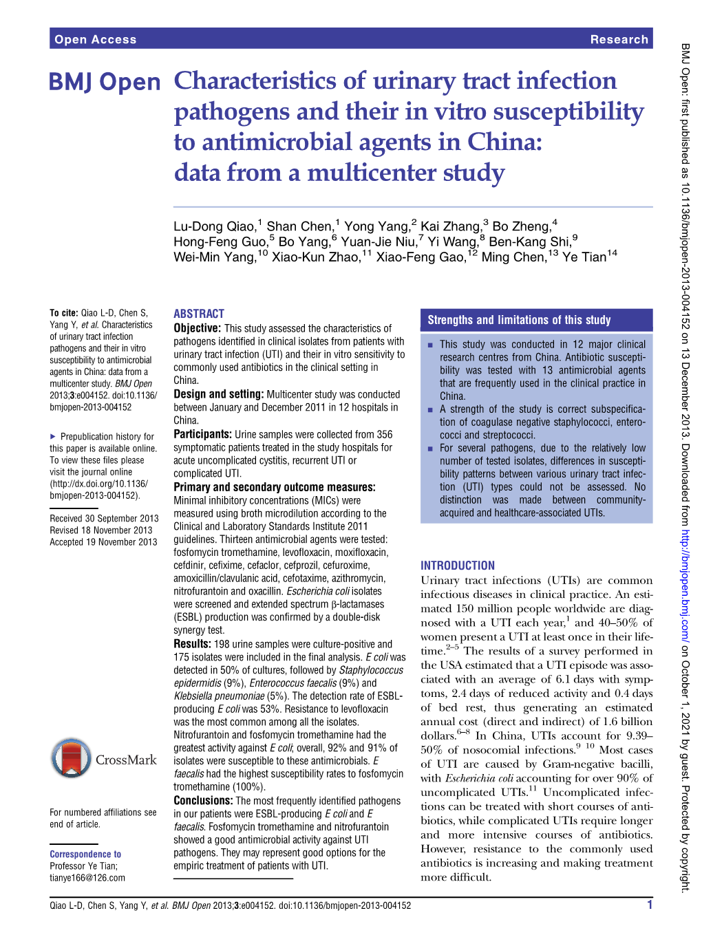 Characteristics of Urinary Tract Infection Pathogens and Their in Vitro Susceptibility to Antimicrobial Agents in China: Data from a Multicenter Study