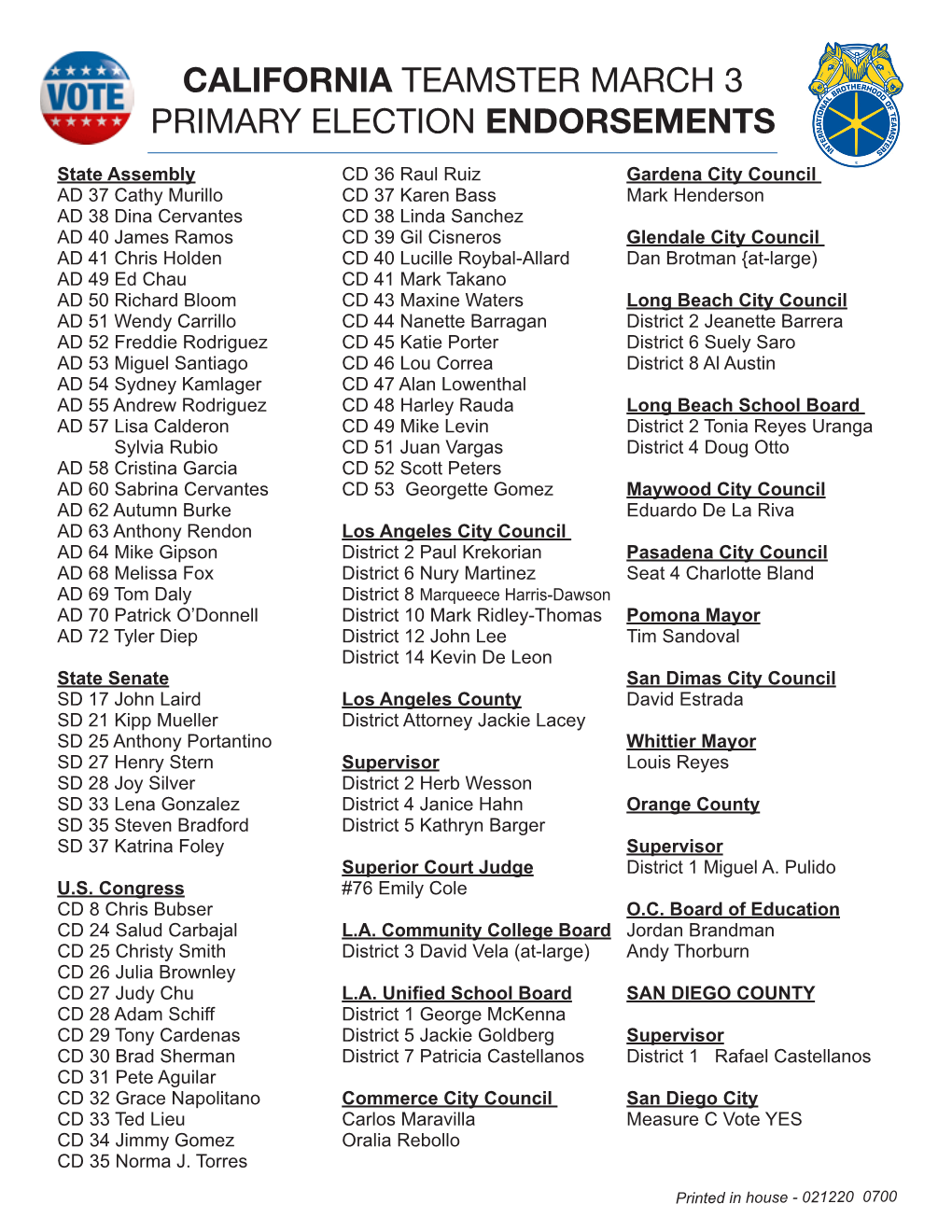 California Teamster March 3 Primary Election Endorsements