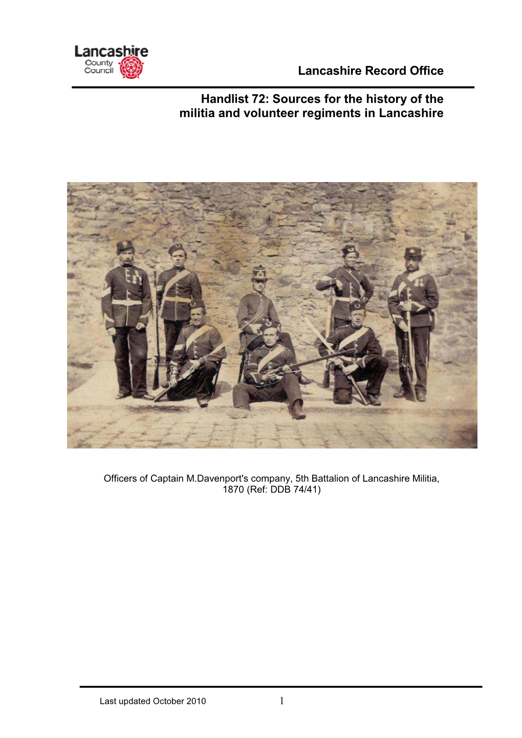 Sources for the History of the Militia and Volunteer Regiments in Lancashire