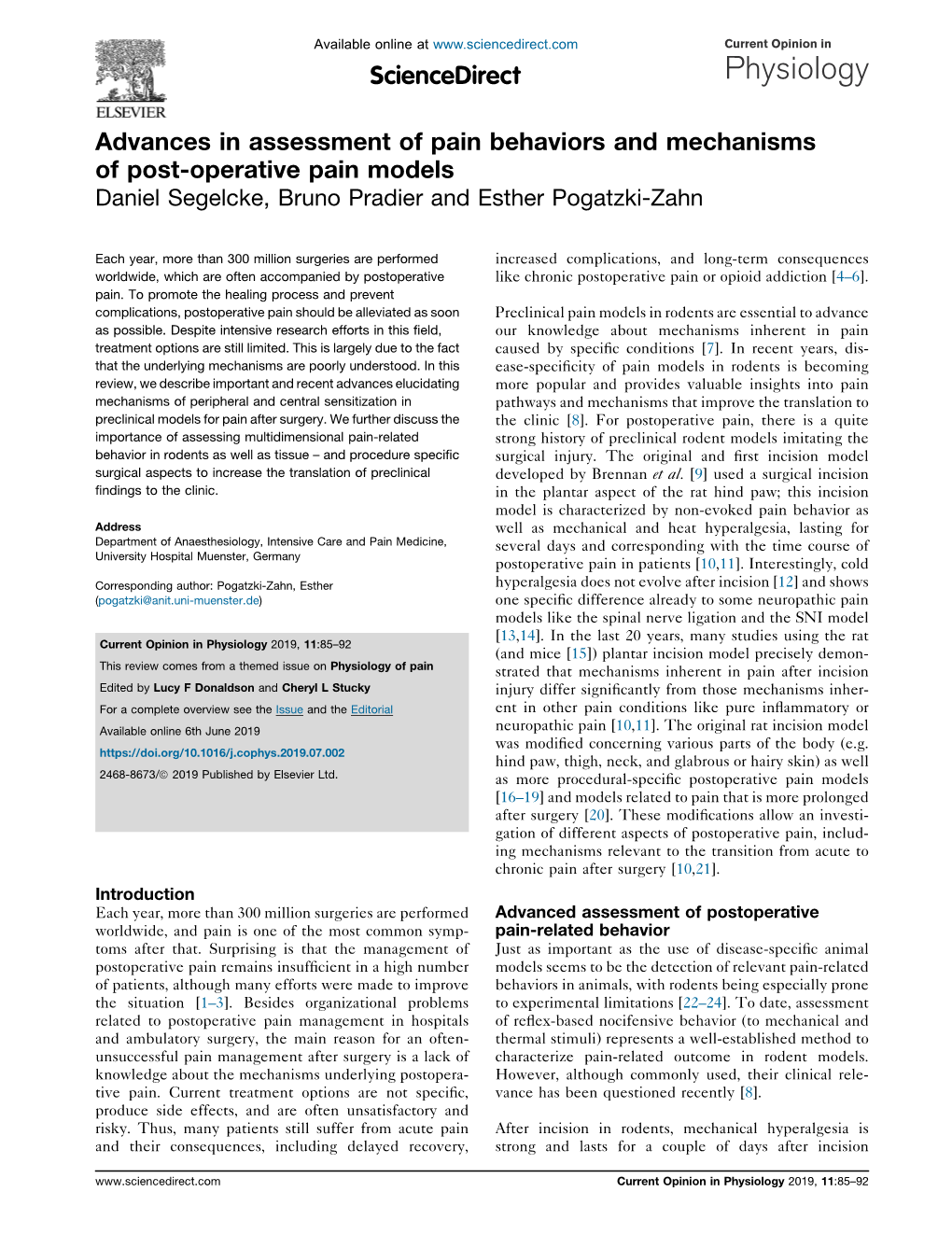 Advances in Assessment of Pain Behaviors and Mechanisms of Post