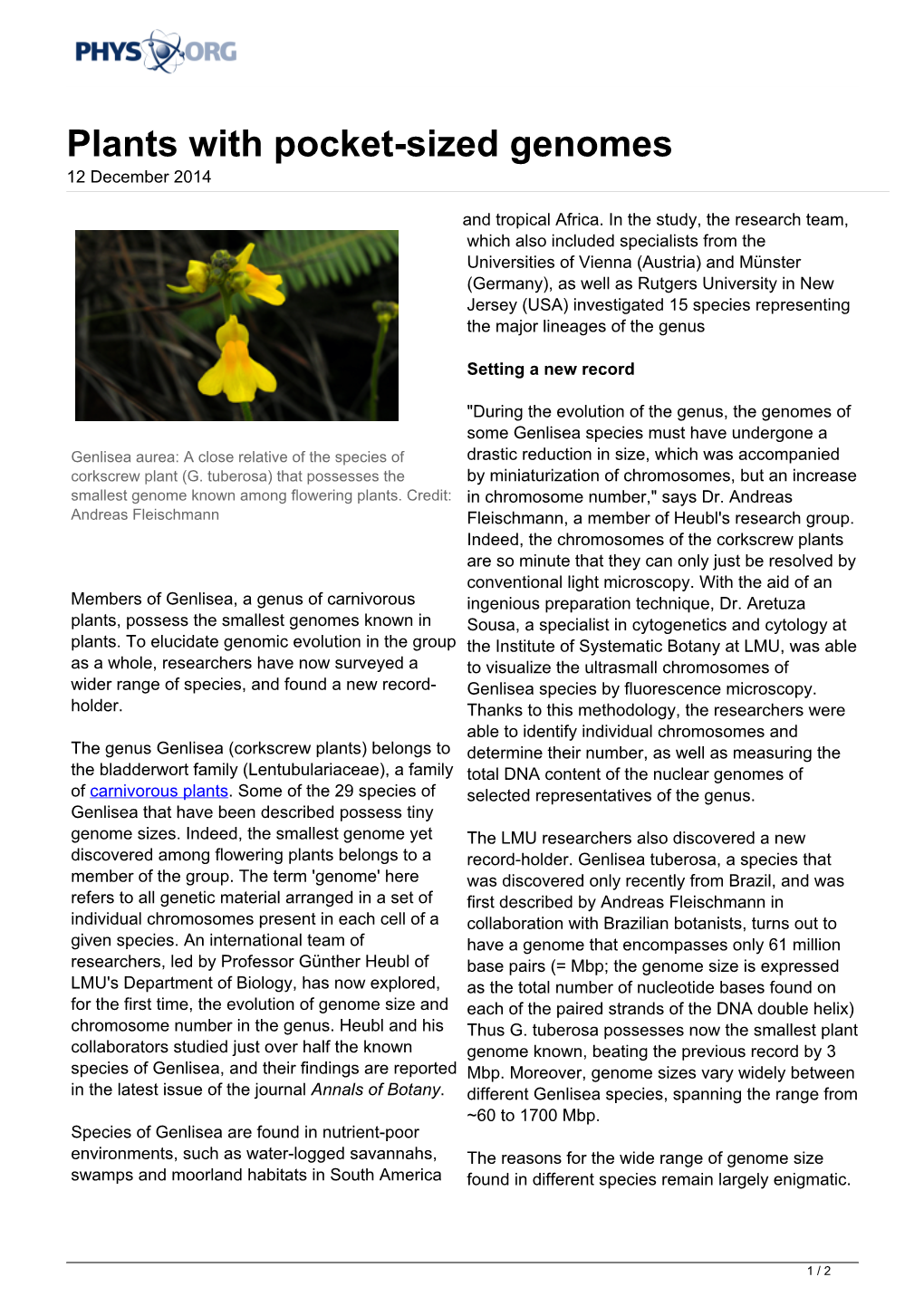 Plants with Pocket-Sized Genomes 12 December 2014