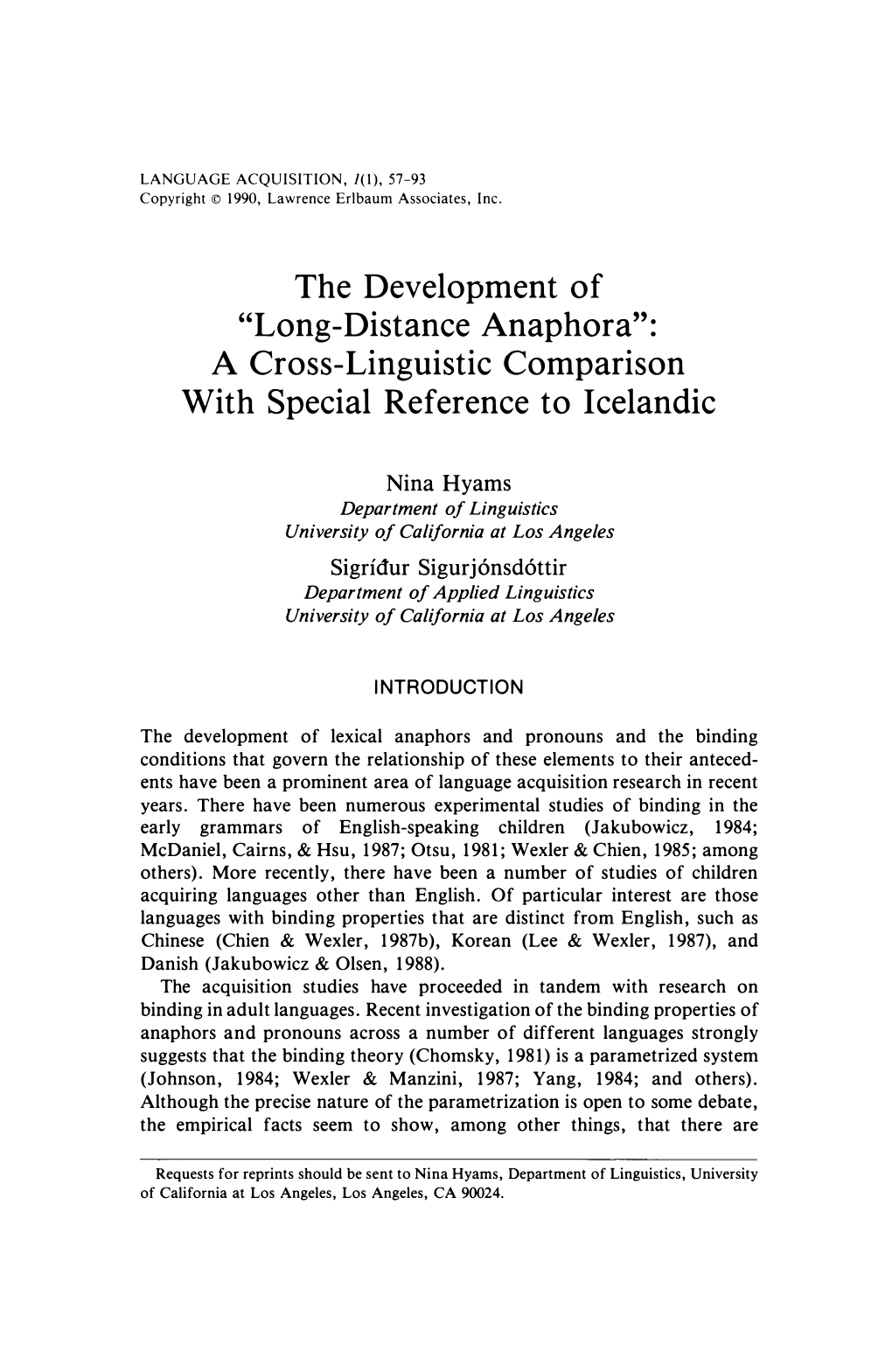 The Development of "Long-Distance Anaphora": a Cross-Linguistic Comparison with Special Reference to Icelandic