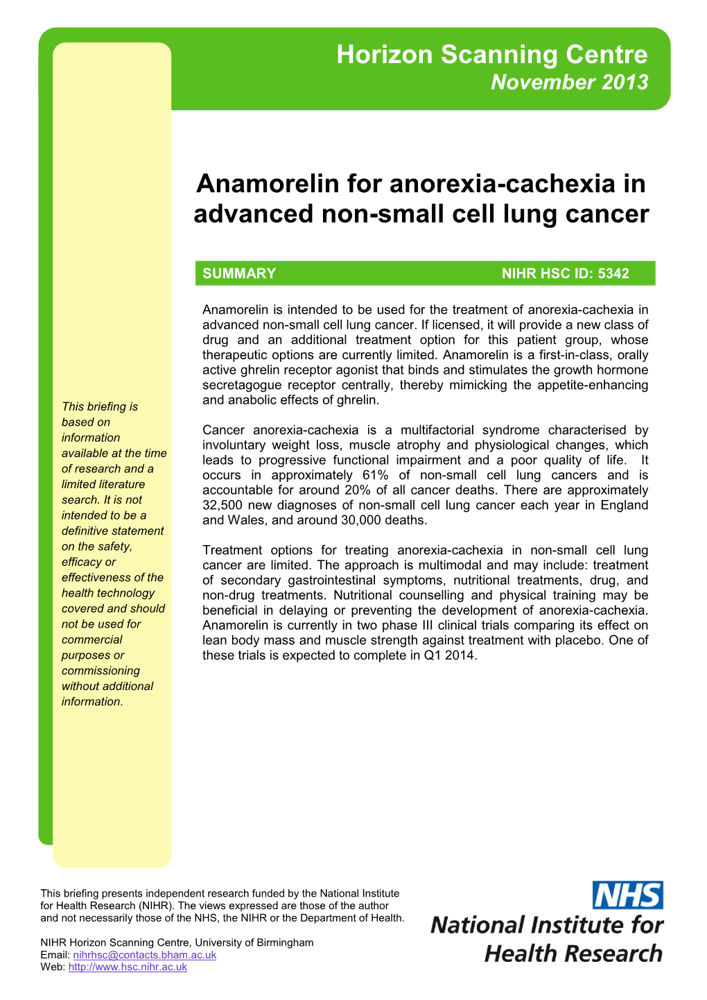 Anamorelin for Anorexia-Cachexia in Advanced Non-Small Cell Lung Cancer
