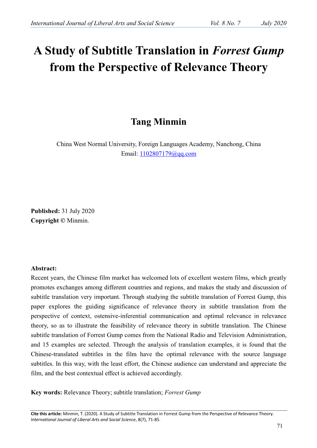 A Study of Subtitle Translation in Forrest Gump from the Perspective of Relevance Theory