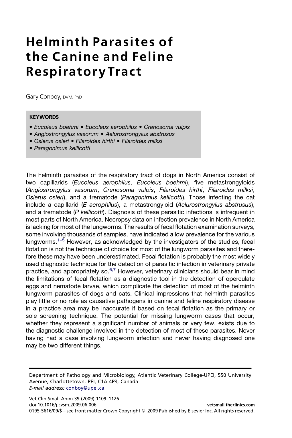 Helminth Parasites of the Canine and Feline Respiratory Tract