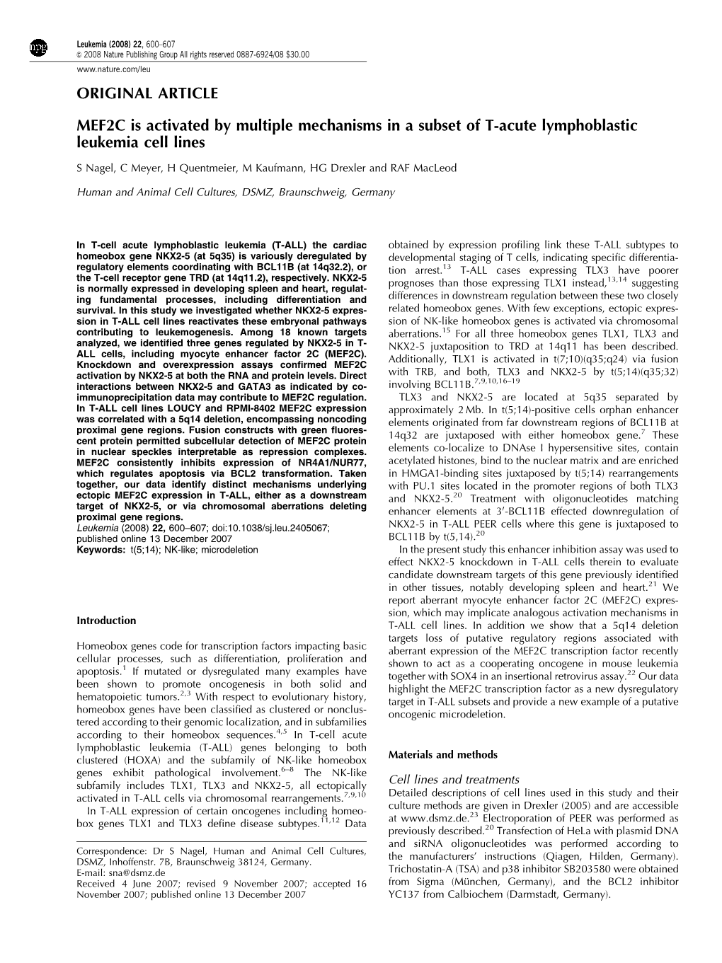 MEF2C Is Activated by Multiple Mechanisms in a Subset of T-Acute Lymphoblastic Leukemia Cell Lines