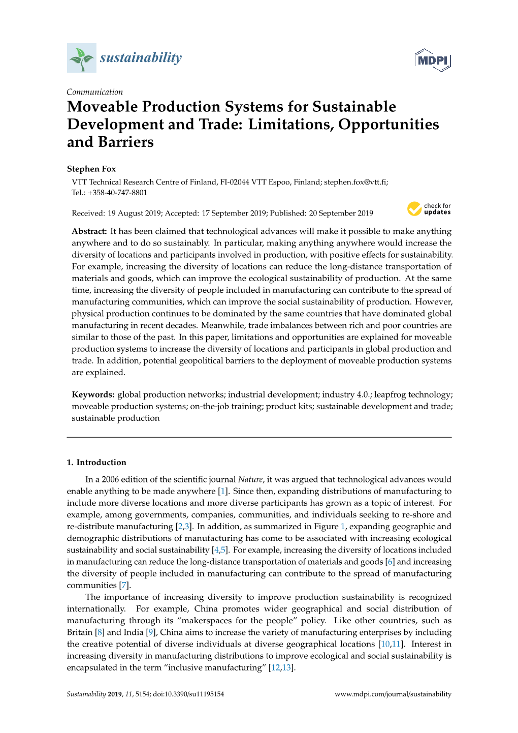 Moveable Production Systems for Sustainable Development and Trade: Limitations, Opportunities and Barriers