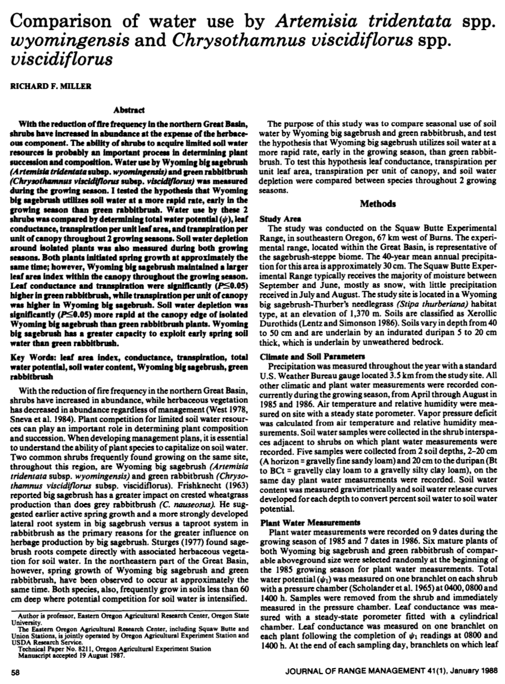 Comparison of Water Use by Artemisia Tridentata Spp. Wyomingensis and Chrysothamnus Viscidiflorus Spp