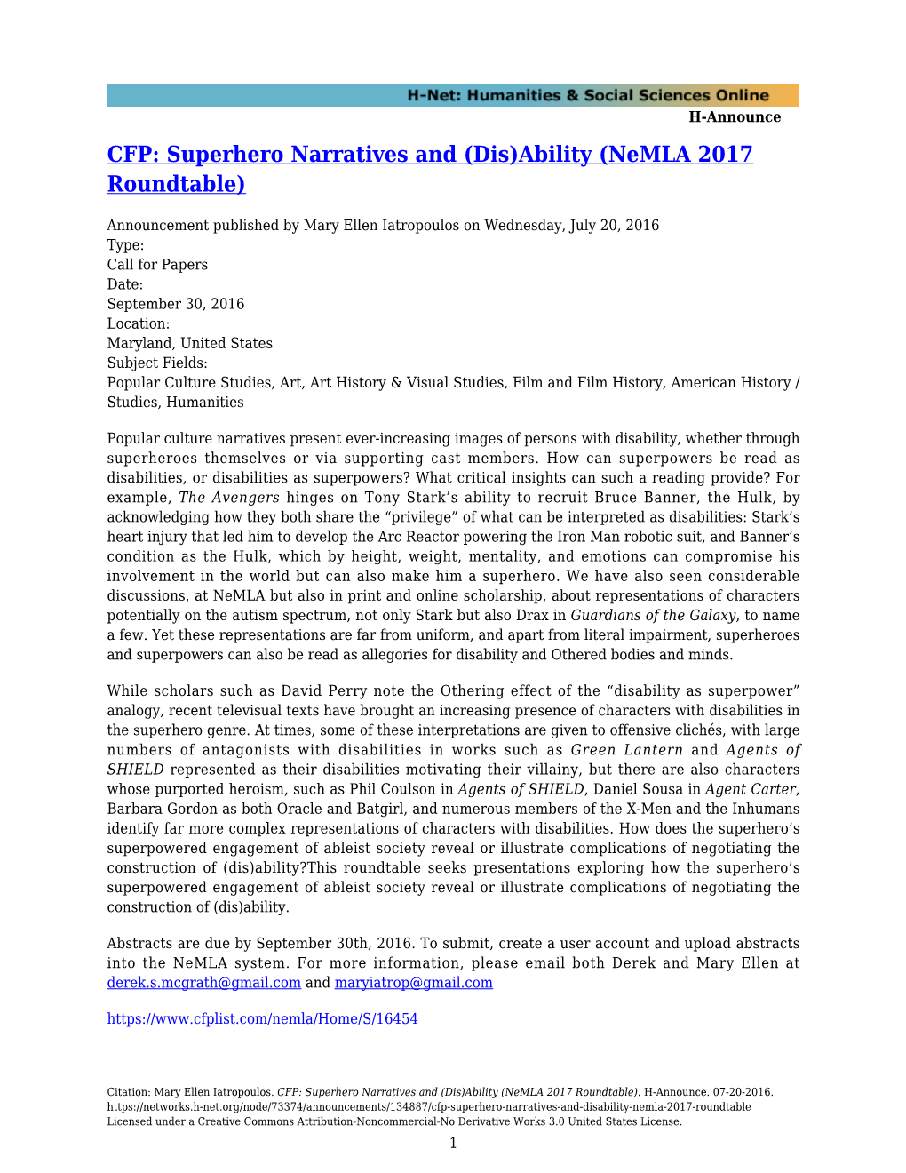 Superhero Narratives and (Dis)Ability (Nemla 2017 Roundtable)