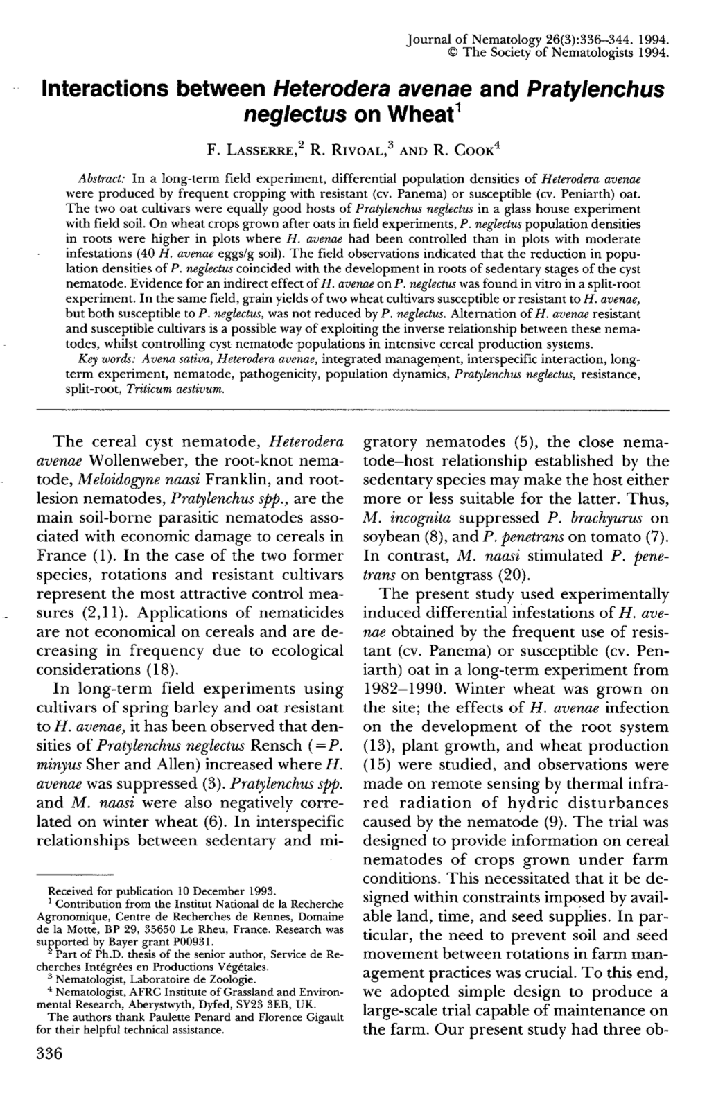 Interactions Between Heterodera Avenae and Pratylenchus Neglectus on Wheat 1