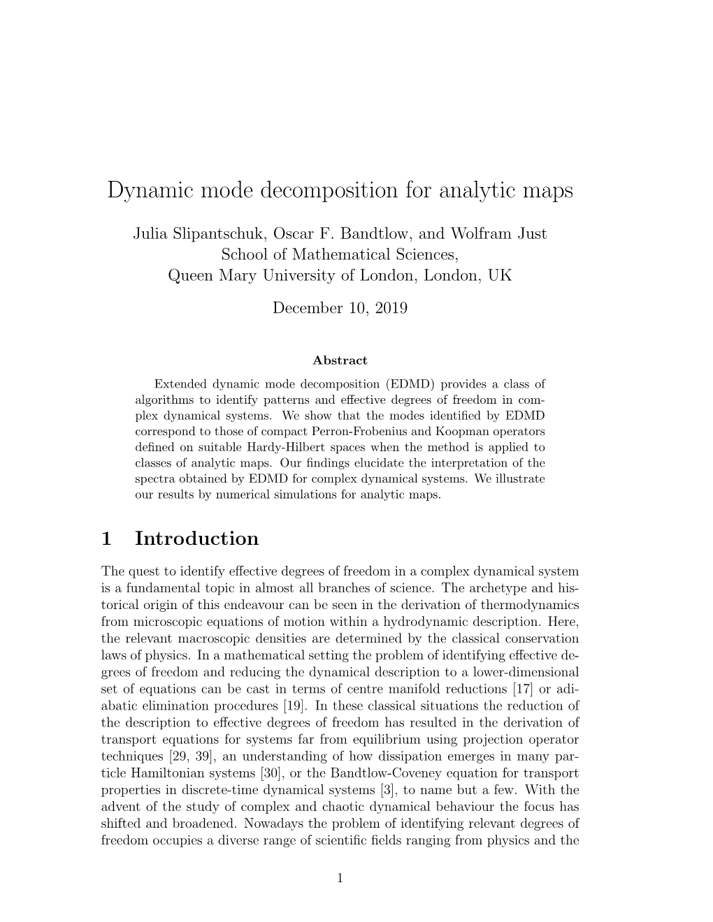 Dynamic Mode Decomposition for Analytic Maps