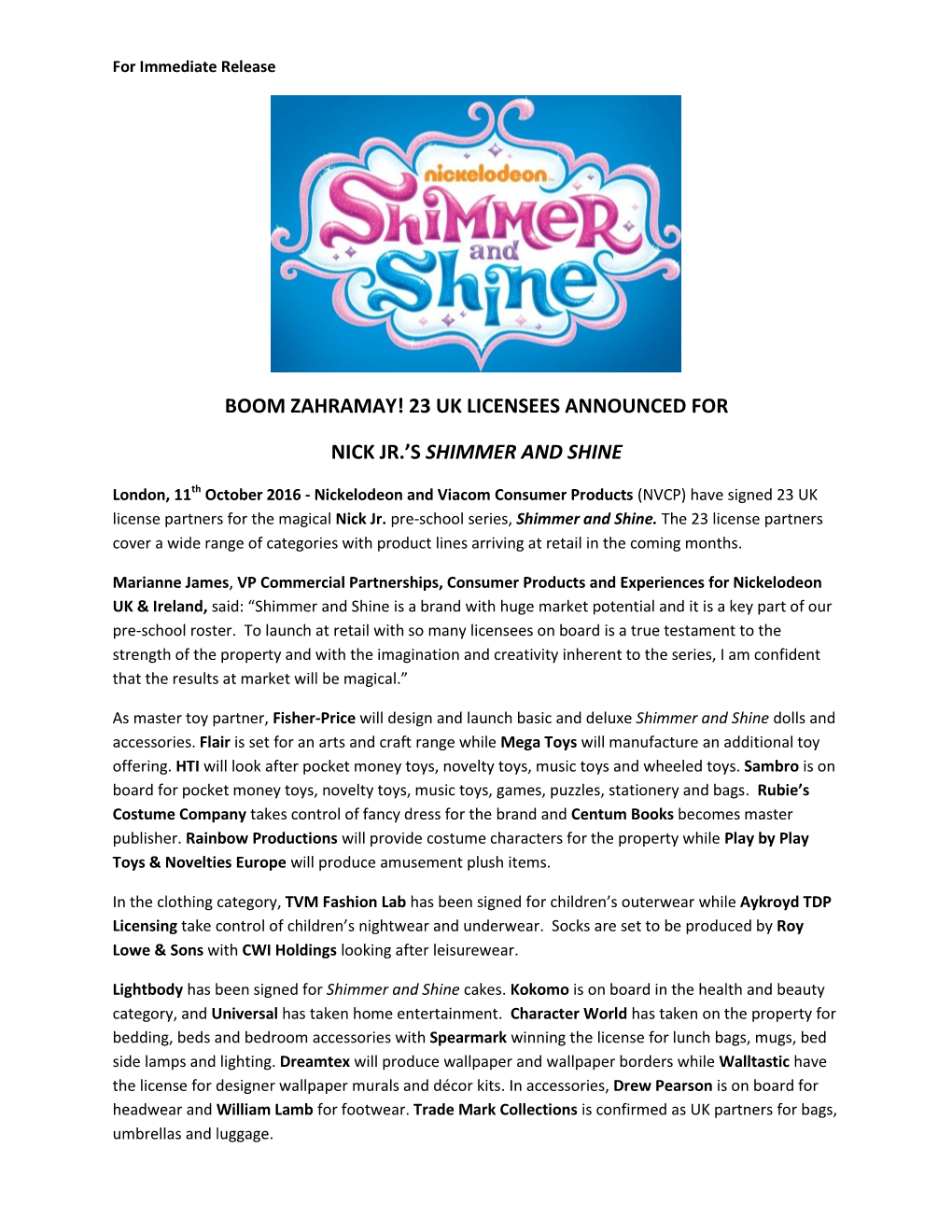 23 Uk Licensees Announced for Nick Jr.'S Shimmer and Shine
