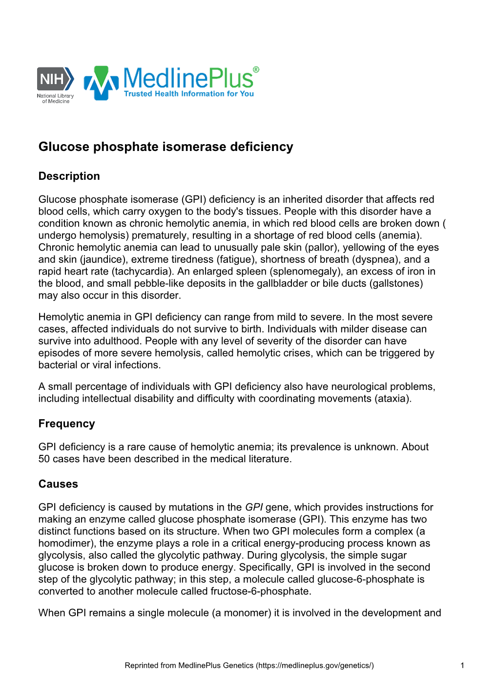 Glucose Phosphate Isomerase Deficiency