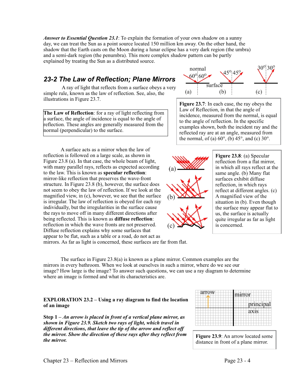 23-2 the Law of Reflection; Plane Mirrors a Ray of Light That Reflects from a Surface Obeys a Very Simple Rule, Known As the Law of Reflection