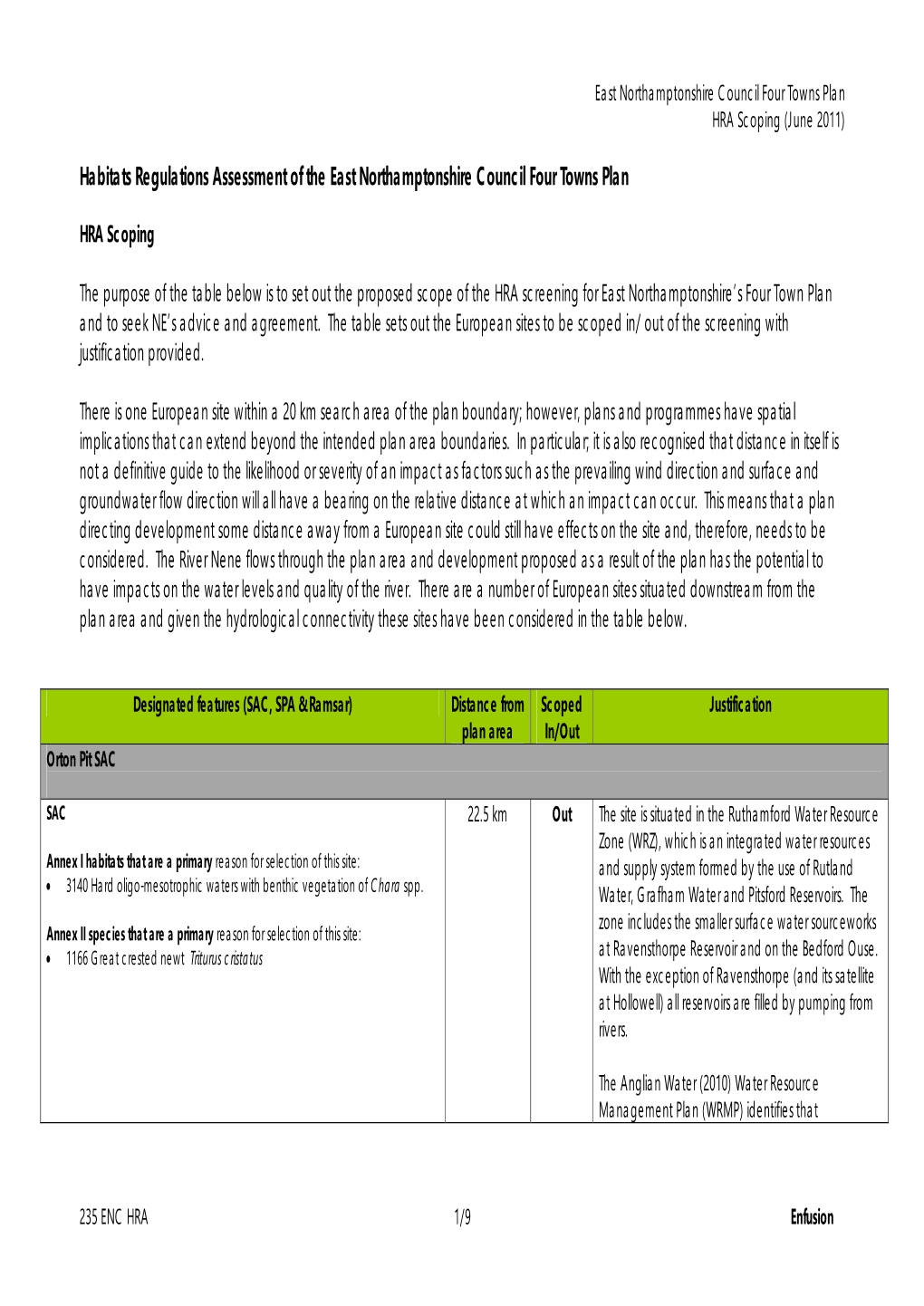 East Northamptonshire Council Four Towns Plan HRA Scoping (June 2011)