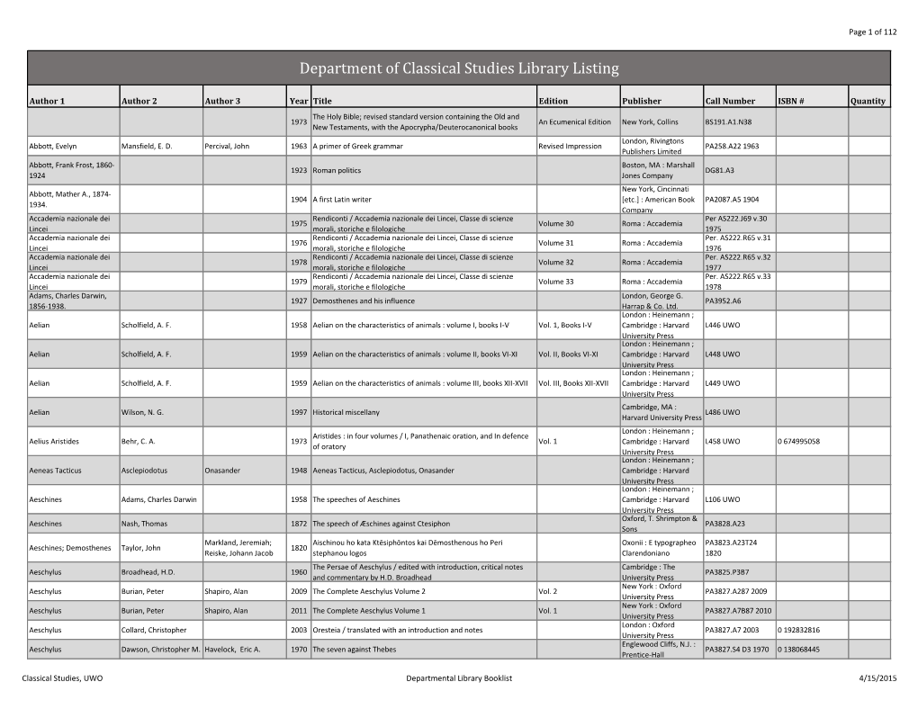 The Classical Studies Departmental Library Book List