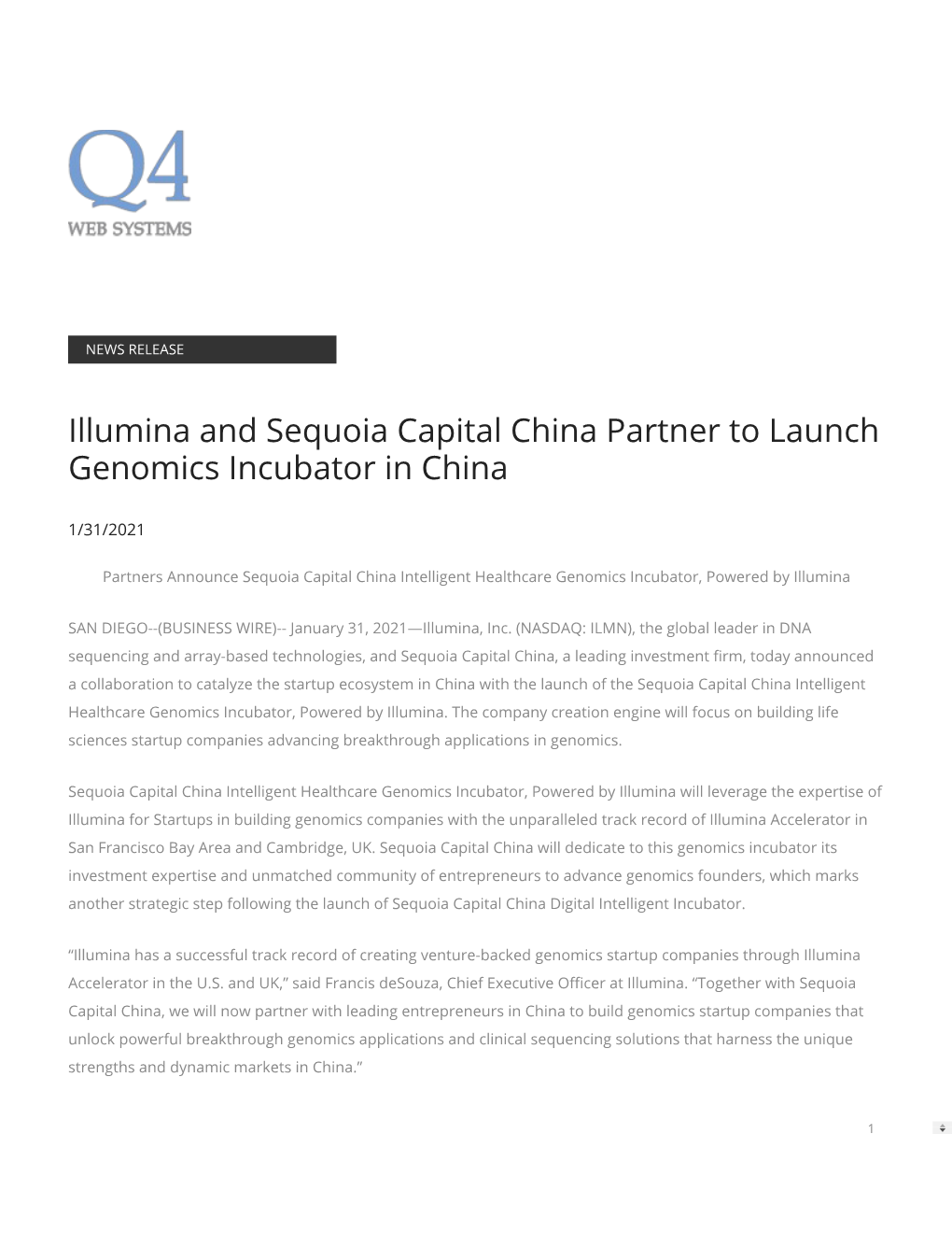 Illumina and Sequoia Capital China Partner to Launch Genomics Incubator in China