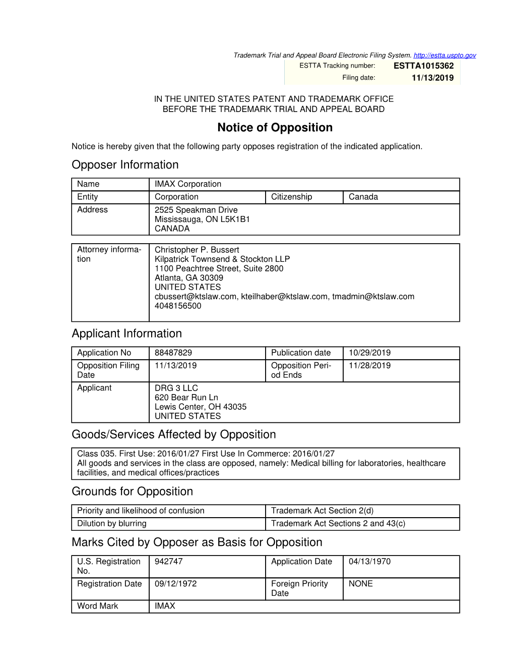 Notice of Opposition Opposer Information Applicant Information