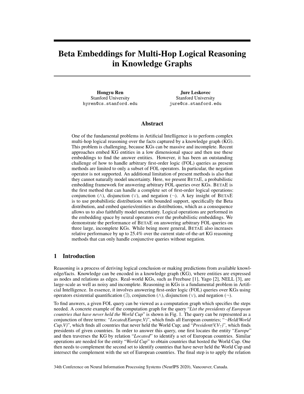 Beta Embeddings for Multi-Hop Logical Reasoning in Knowledge Graphs