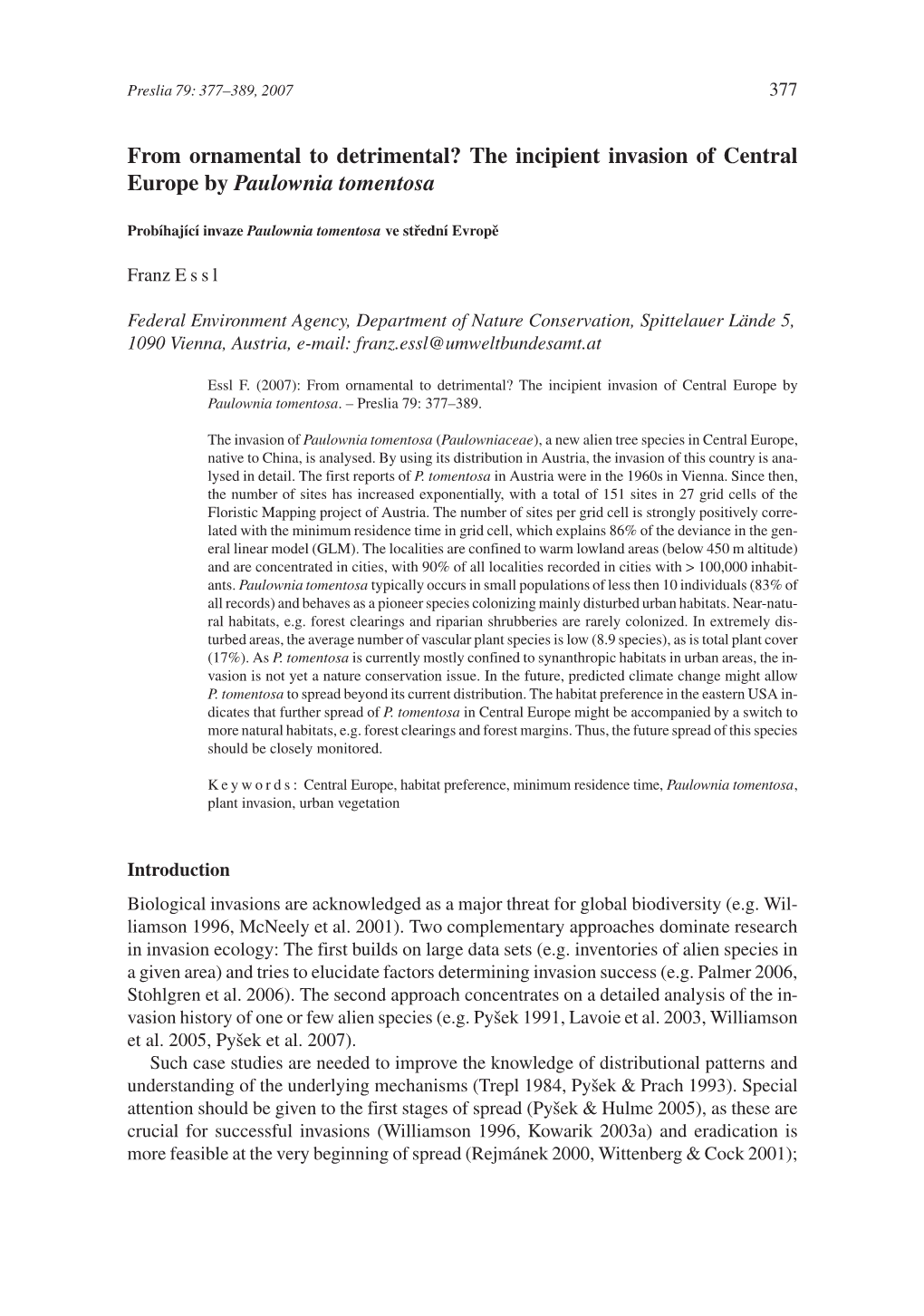 The Incipient Invasion of Central Europe by Paulownia Tomentosa