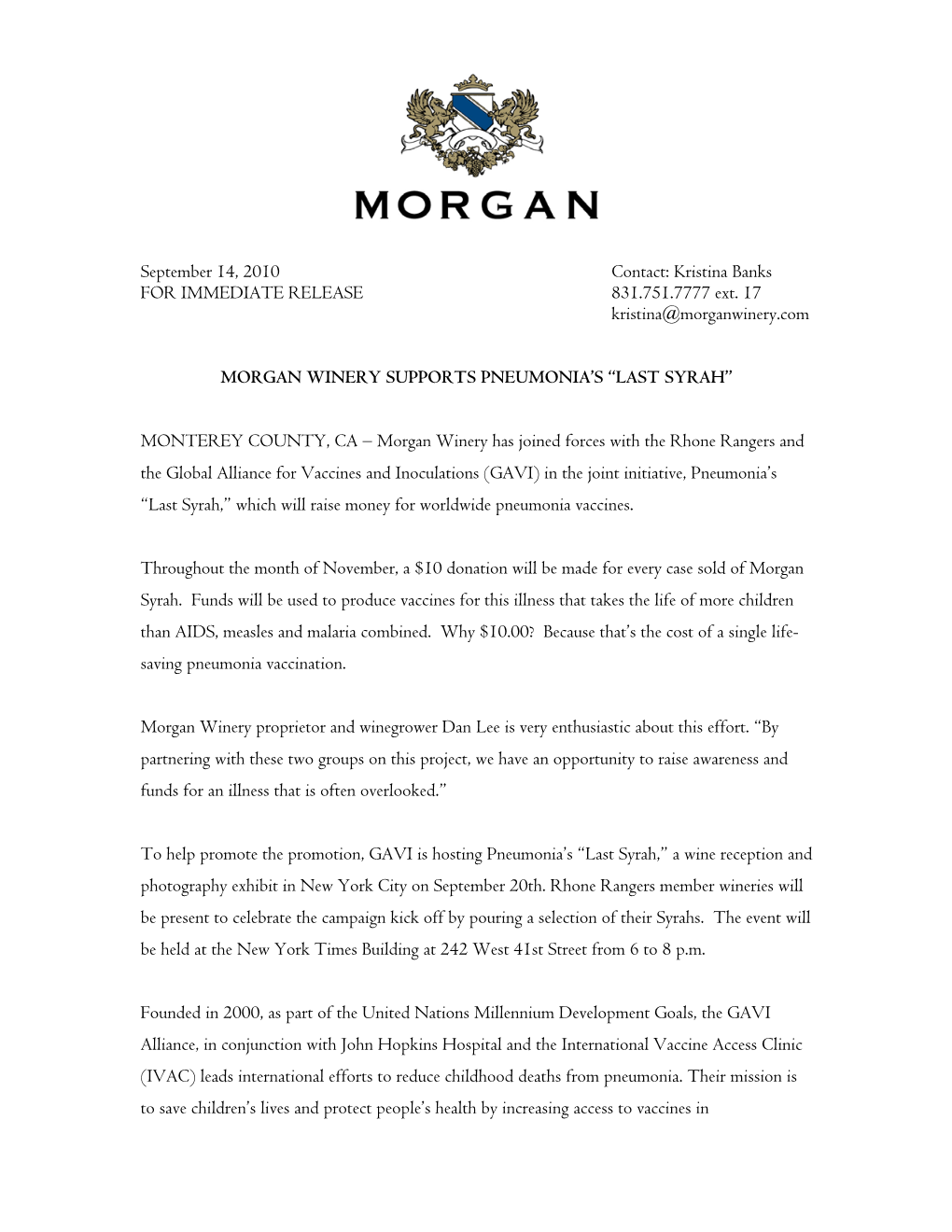 September 14, 2010 Contact: Kristina Banks for IMMEDIATE RELEASE 831.751.7777 Ext