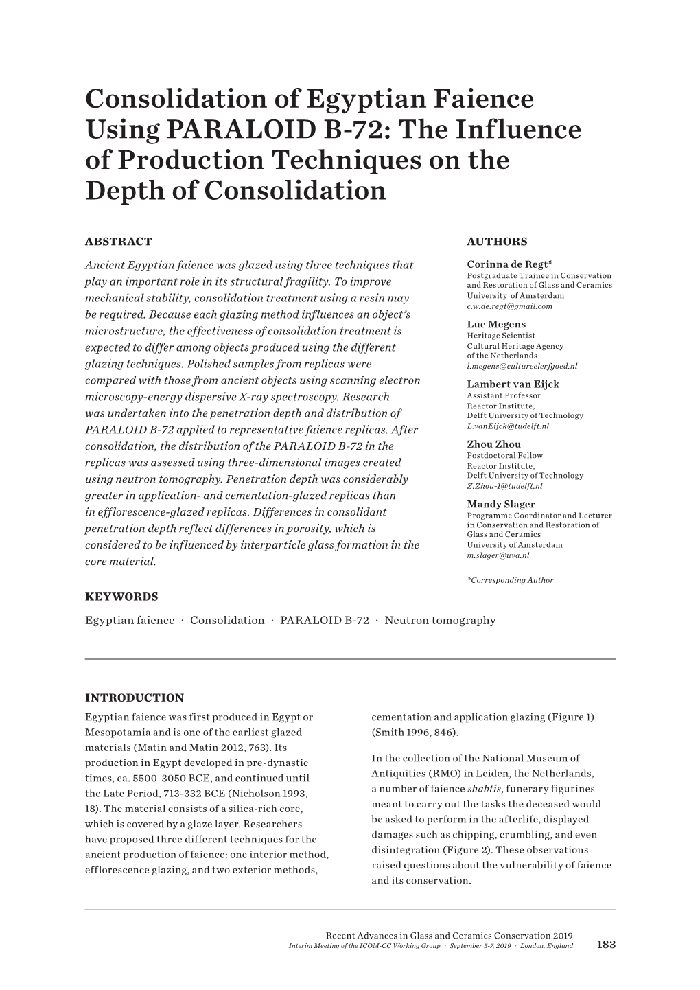 Consolidation of Egyptian Faience Using PARALOID B-72: the Influence of Production Techniques on the Depth of Consolidation