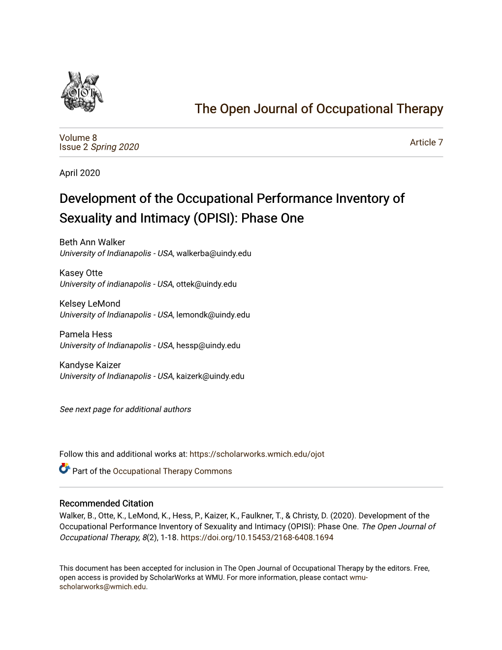 Development of the Occupational Performance Inventory of Sexuality and Intimacy (OPISI): Phase One