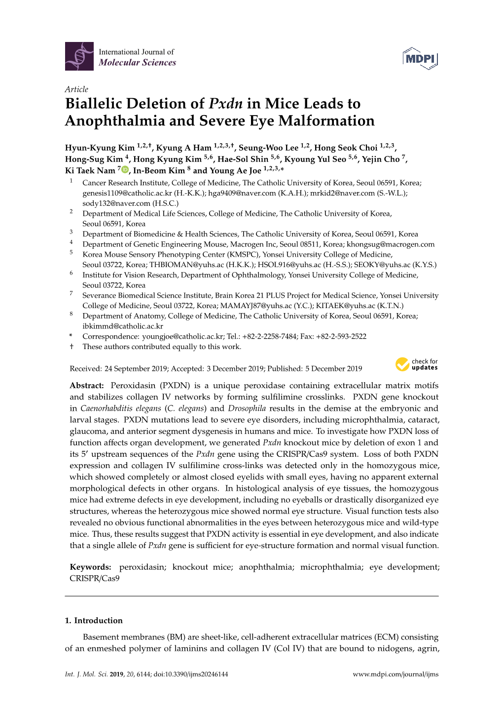 Biallelic Deletion of Pxdn in Mice Leads to Anophthalmia and Severe Eye Malformation