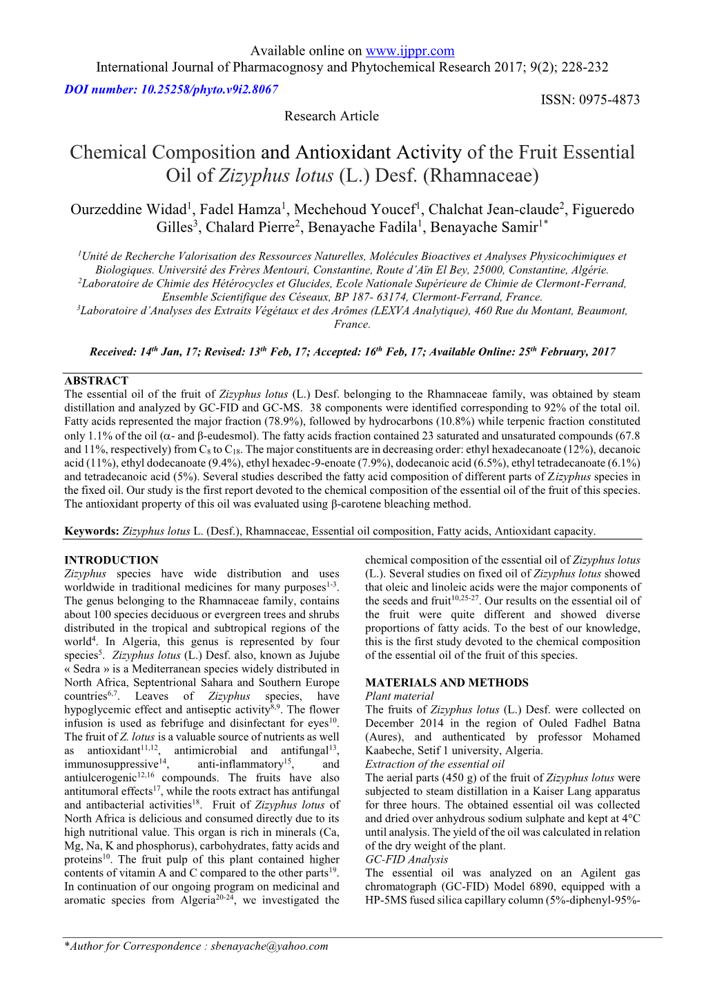 Chemical Composition and Antioxidant Activity of the Fruit Essential Oil of Zizyphus Lotus (L.) Desf