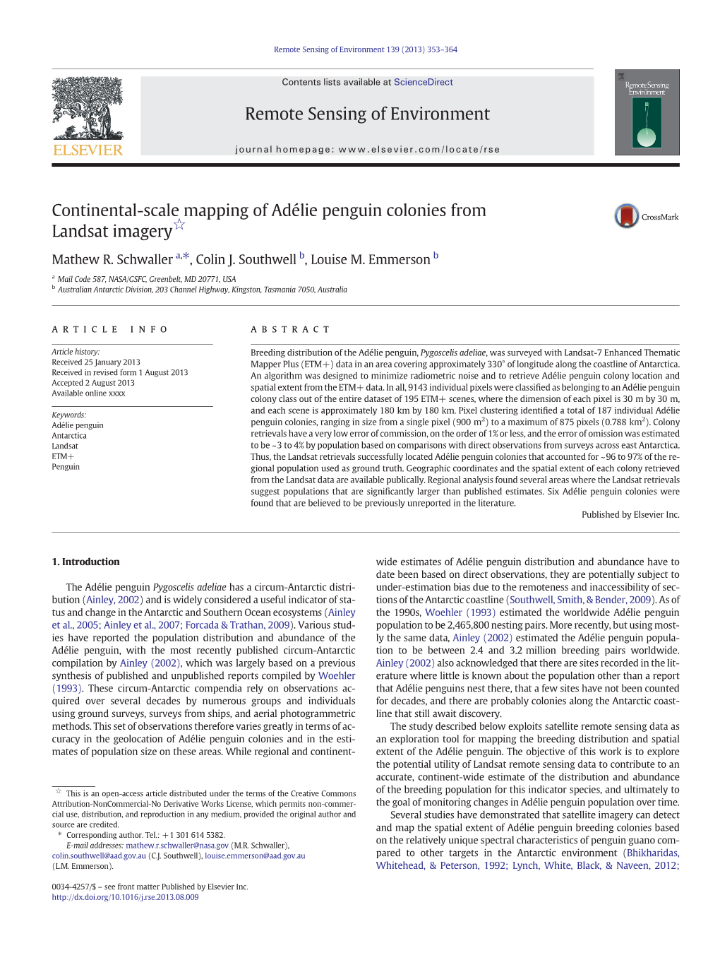 Continental-Scale Mapping of Adélie Penguin Colonies from Landsat Imagery☆