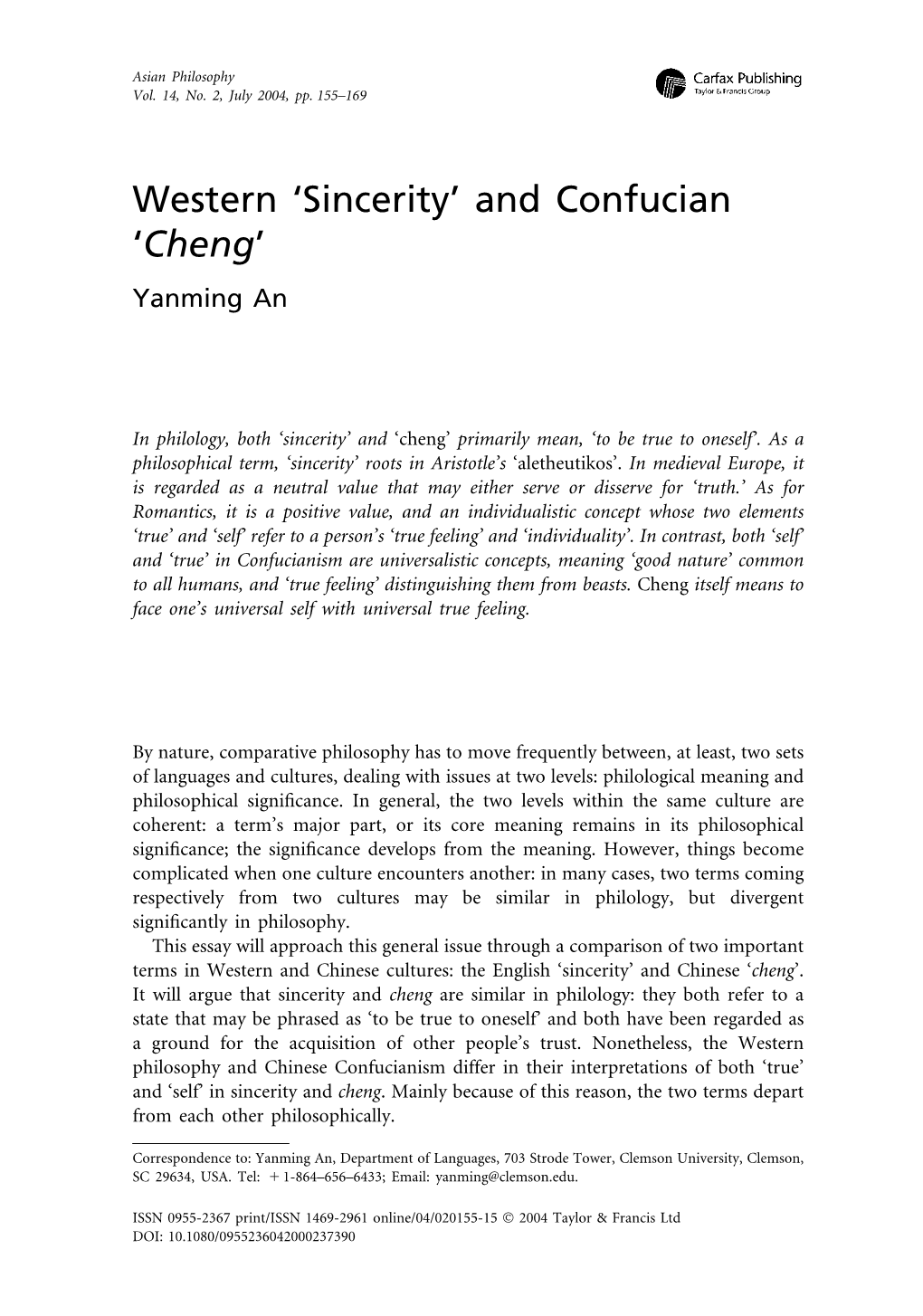 Western 'Sincerity' and Confucian 'Cheng'