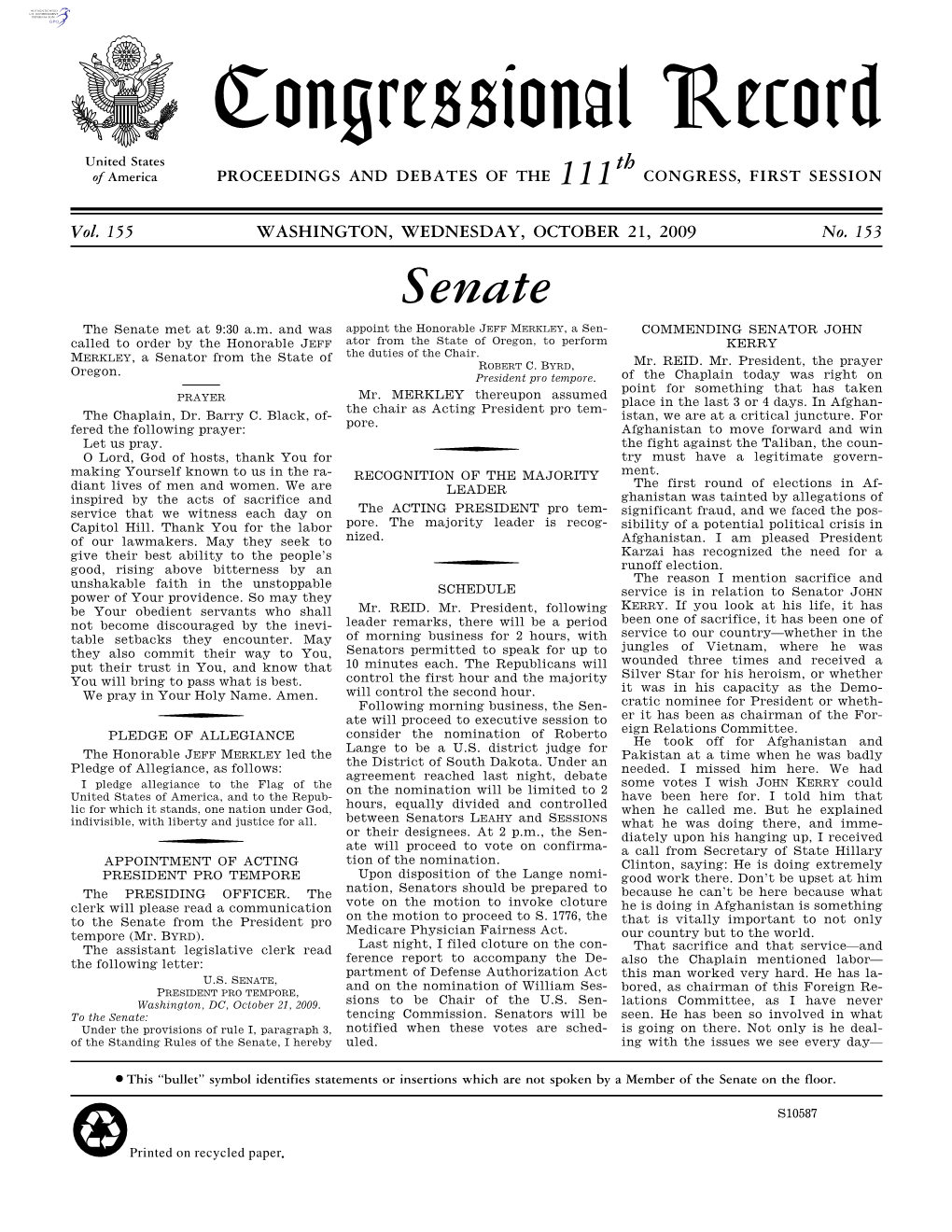 Congressional Record United States Th of America PROCEEDINGS and DEBATES of the 111 CONGRESS, FIRST SESSION