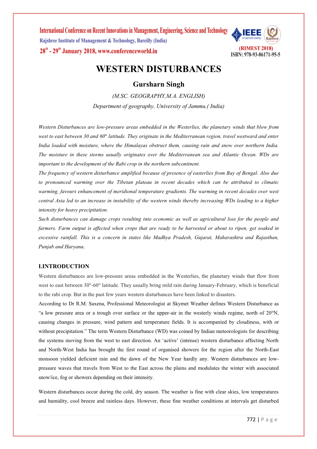 WESTERN DISTURBANCES Gursharn Singh (M.SC