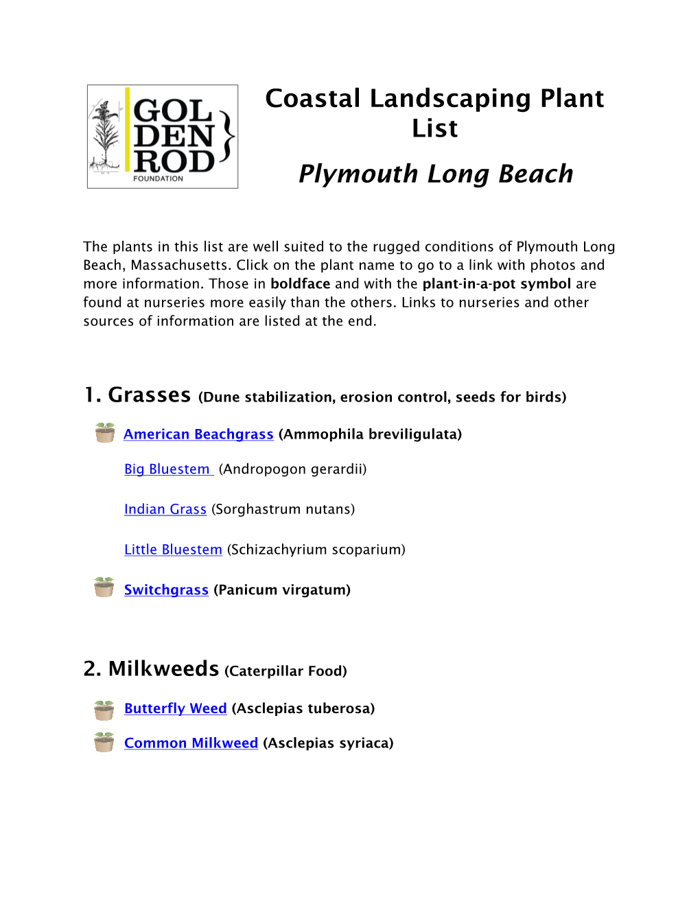 Coastal Landscaping Plant List Plymouth Long Beach