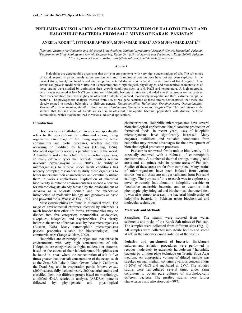 Preliminary Isolation and Characterization of Halotolerant and Halophilic Bacteria from Salt Mines of Karak, Pakistan